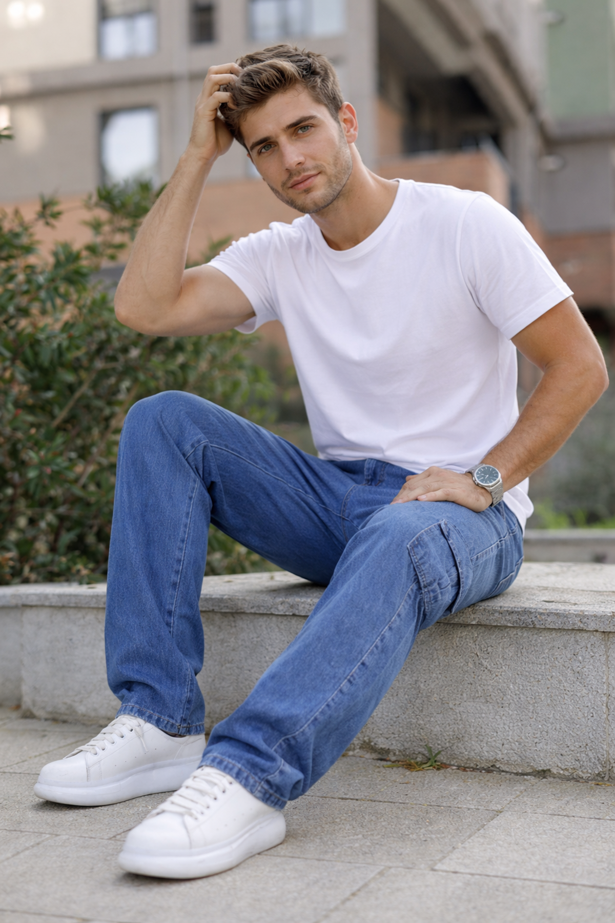 Erkek Bol Paça Kargo Cep Basic Mavi Baggy Pantolon