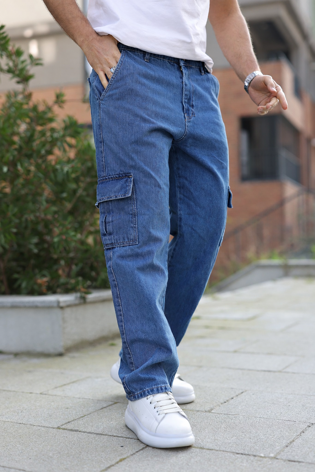 Erkek Bol Paça Kargo Cep Basic Mavi Baggy Pantolon