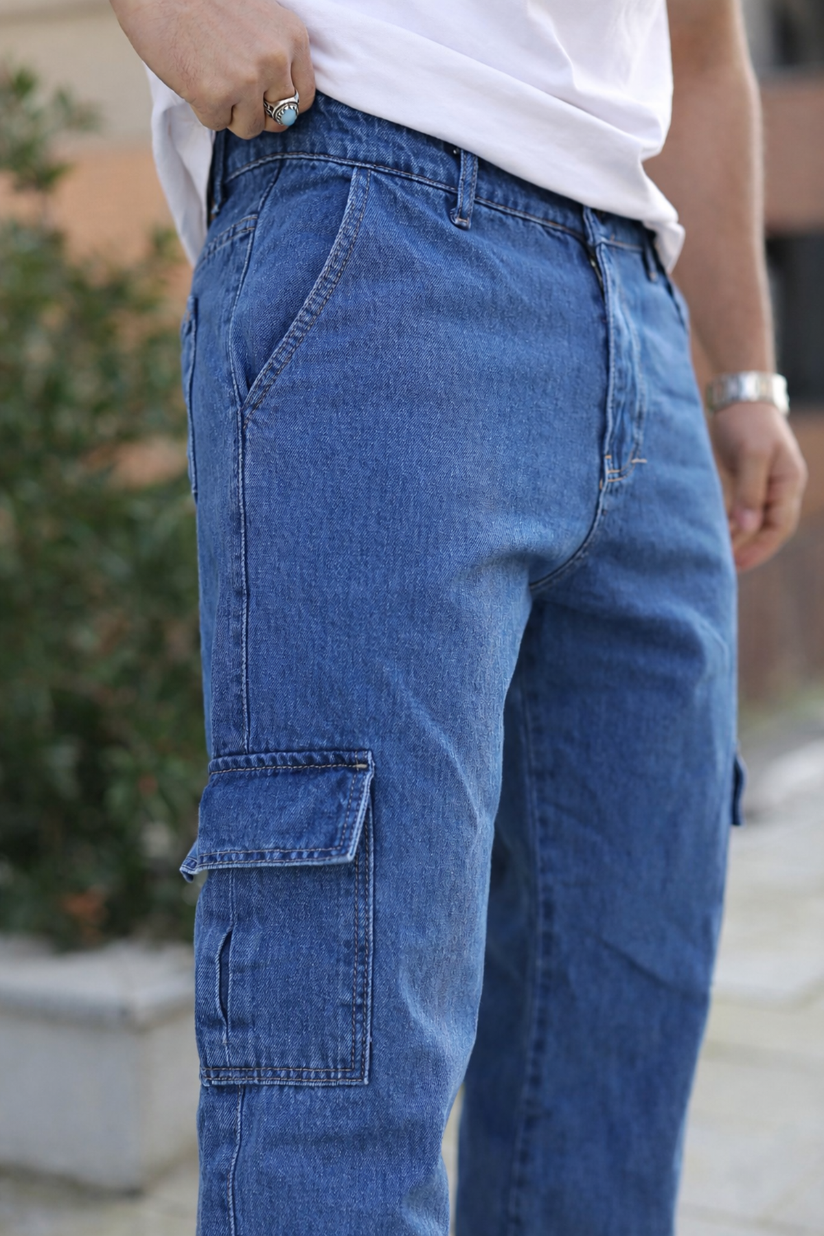 Erkek Bol Paça Kargo Cep Basic Mavi Baggy Pantolon