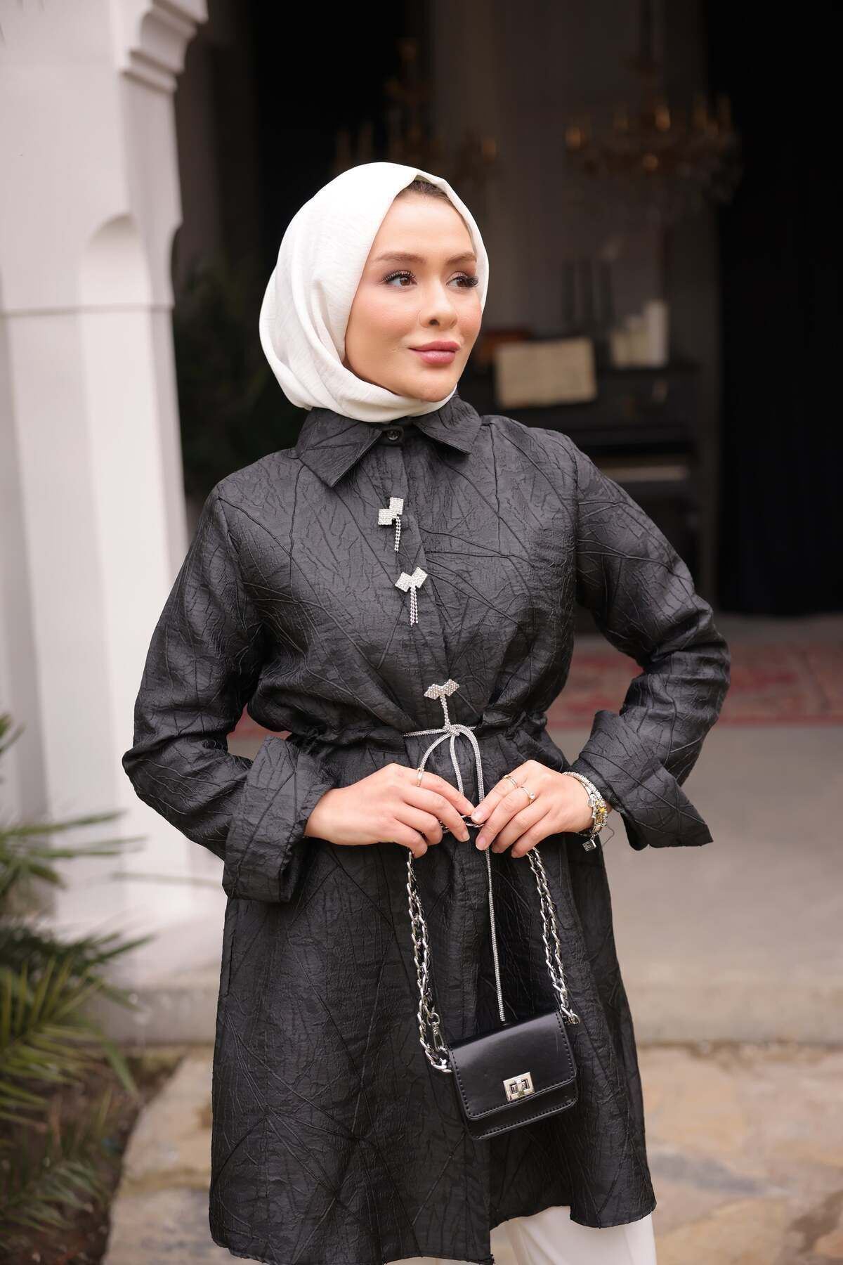 Kadın Jakarlı Şık Beli Lastikli Siyah Tonik Ceket