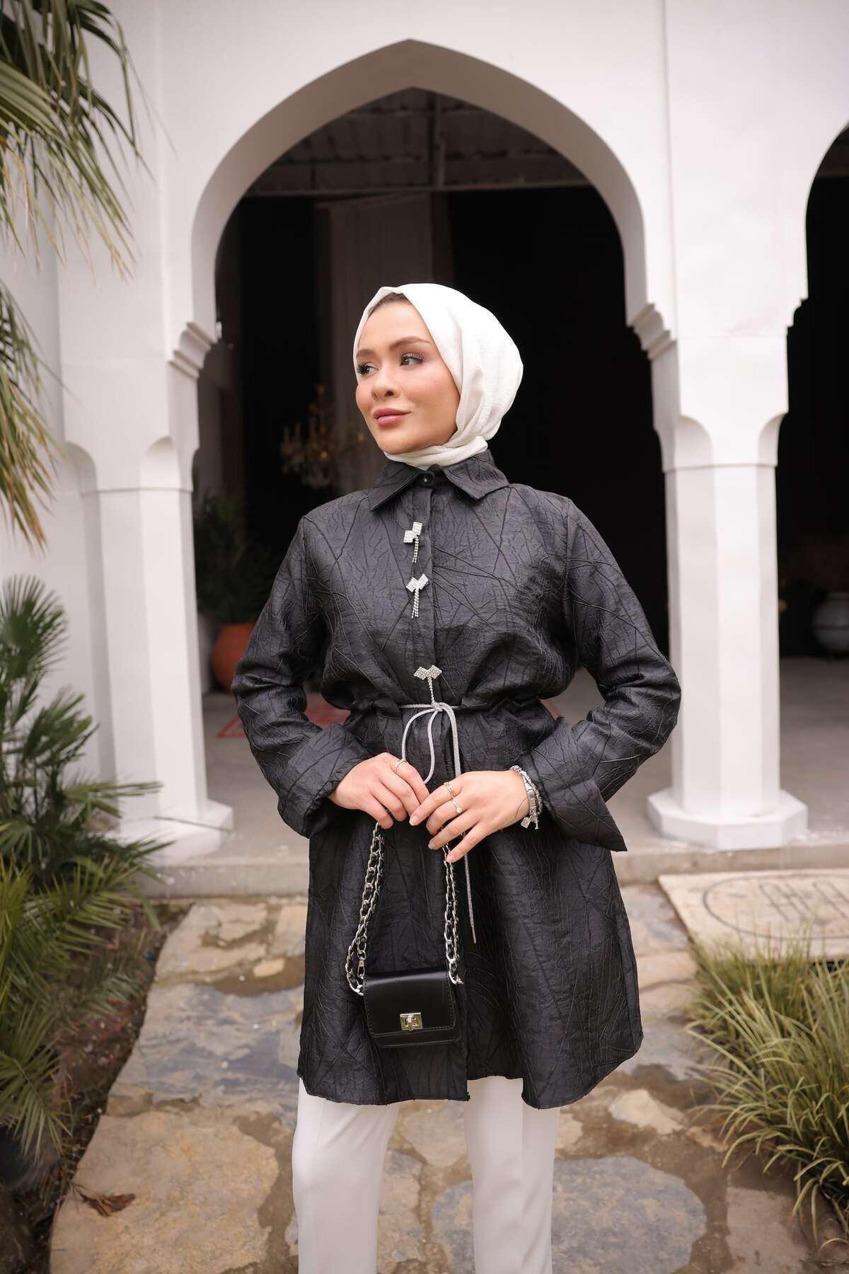 Kadın Jakarlı Şık Beli Lastikli Siyah Tonik Ceket