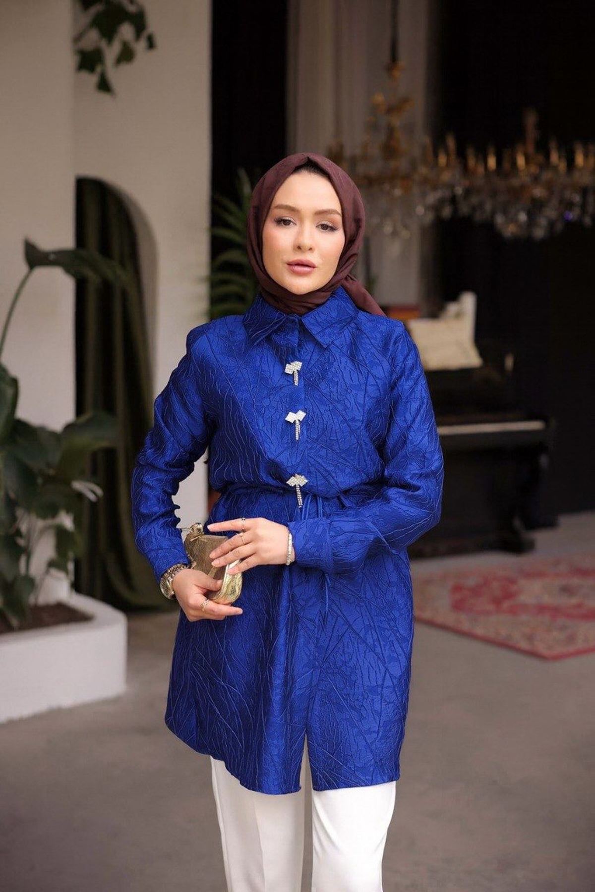 Kadın Jakarlı Şık Beli Lastikli Lacivert Tonik Ceket