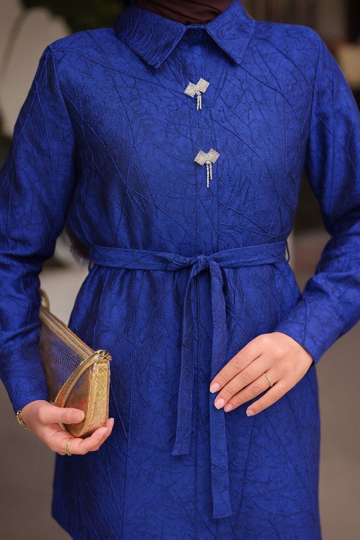 Kadın Jakarlı Şık Beli Lastikli Lacivert Tonik Ceket