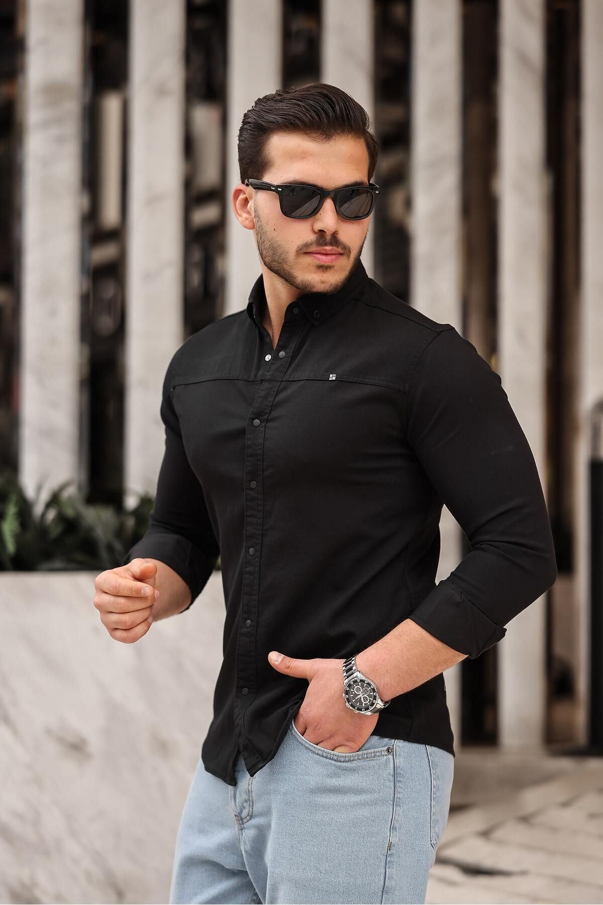 Düz Çıtçıtlı Slim Fit Kot Gömlek