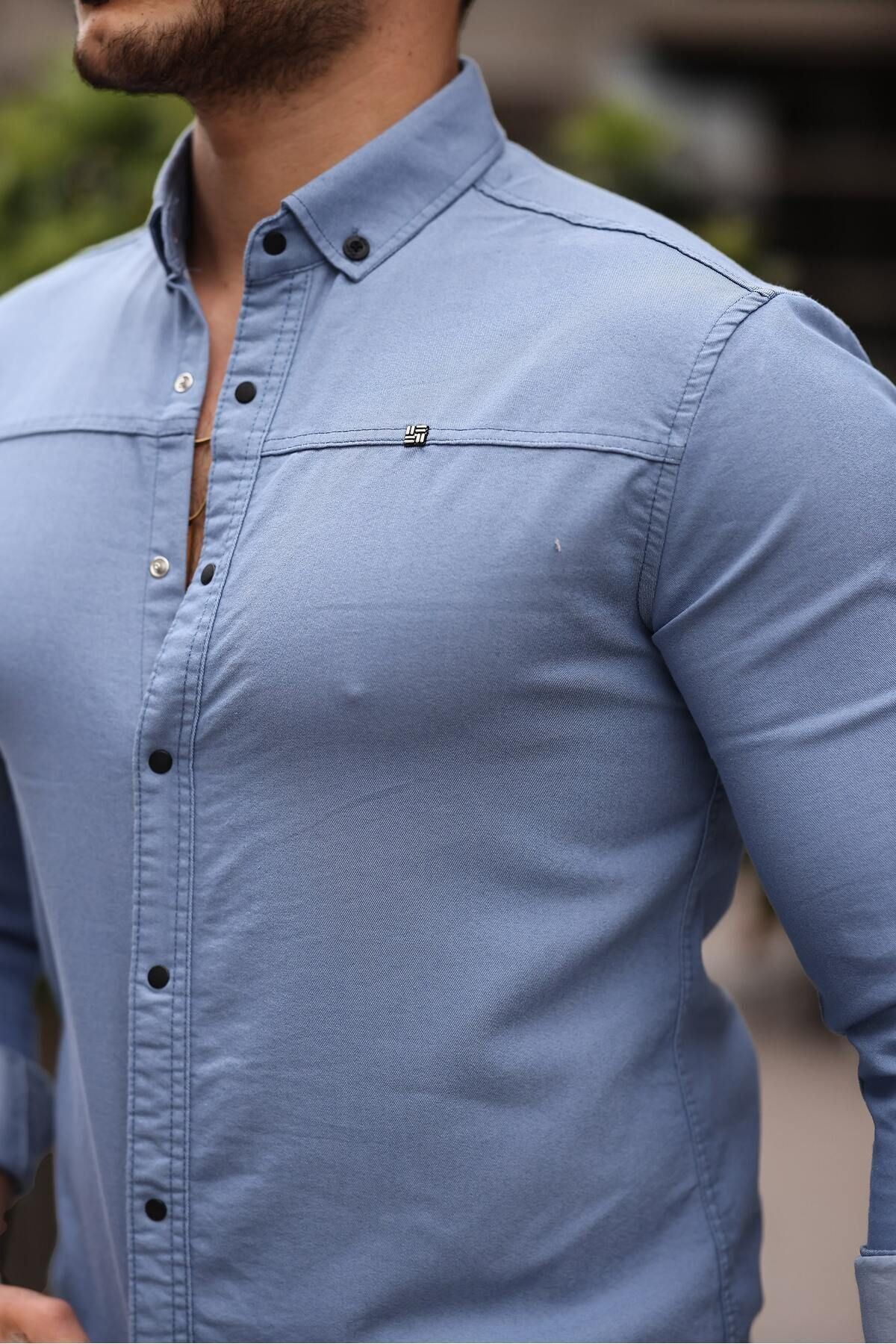 Düz Çıtçıtlı Slim Fit Kot Gömlek