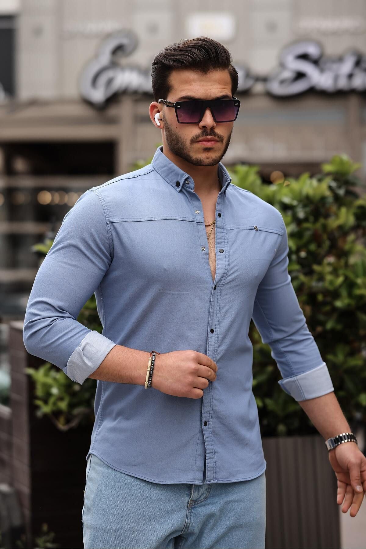 Düz Çıtçıtlı Slim Fit Kot Gömlek