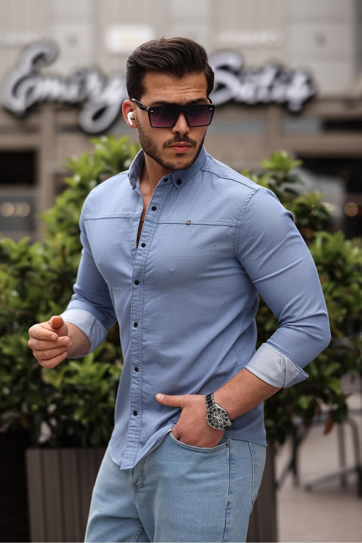 Düz Çıtçıtlı Slim Fit Kot Gömlek