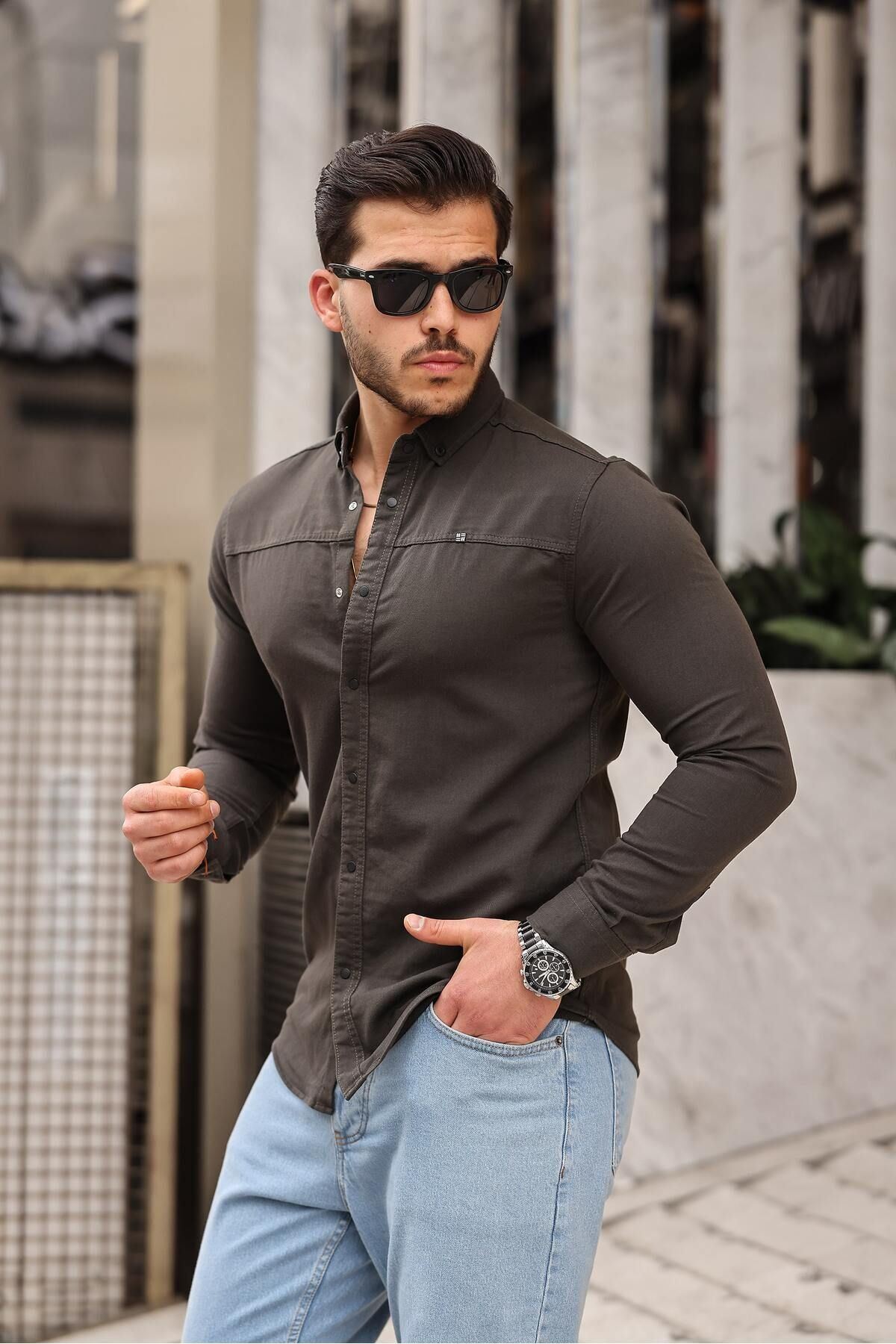 Düz Çıtçıtlı Slim Fit Kot Gömlek