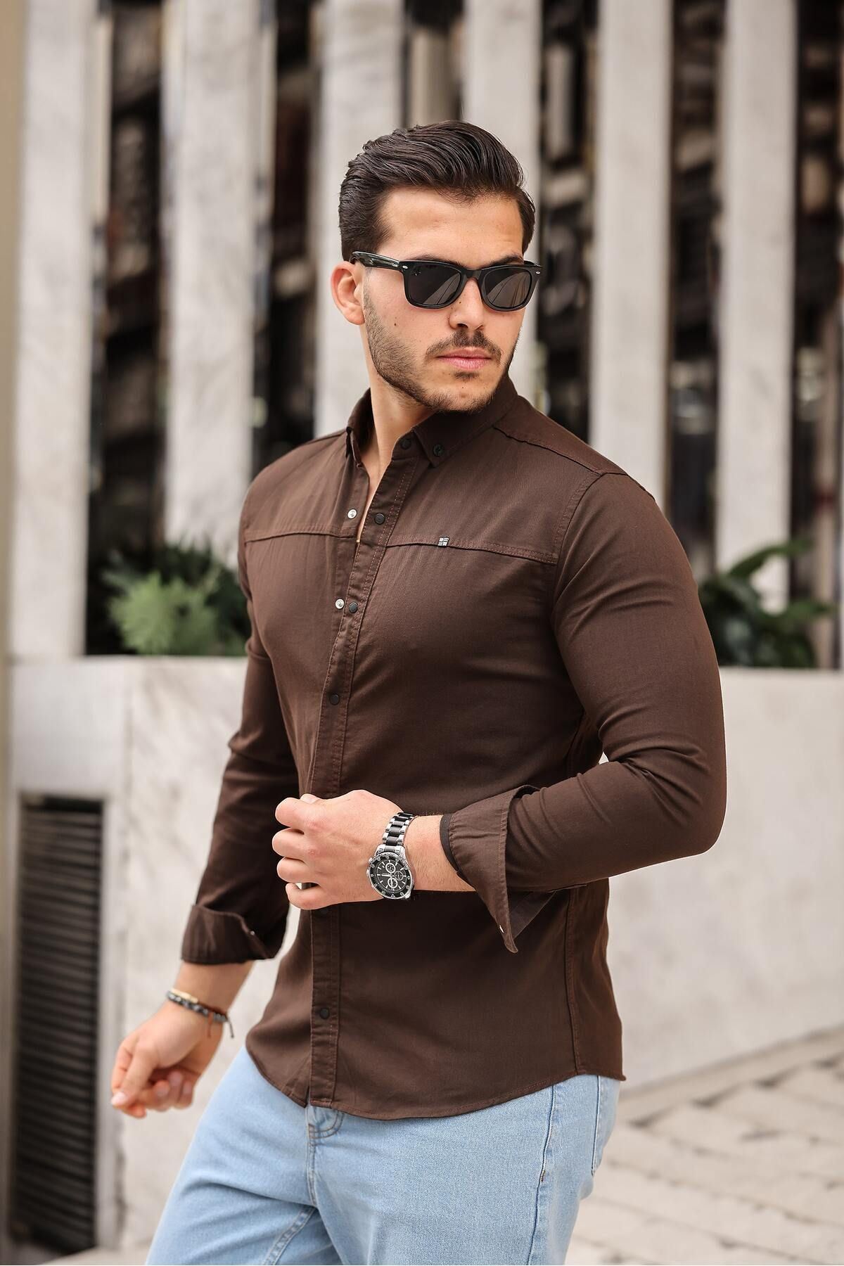 Düz Çıtçıtlı Slim Fit Kot Gömlek