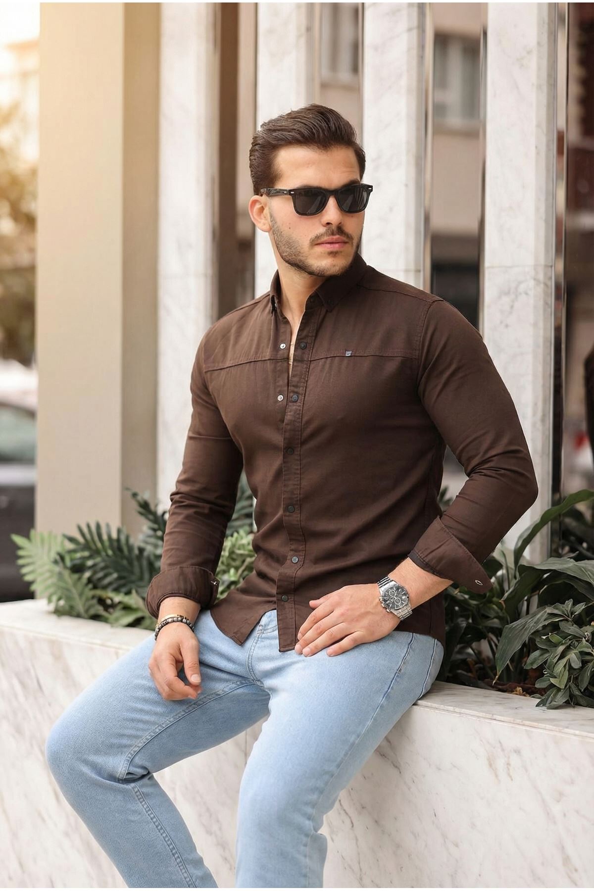 Düz Çıtçıtlı Slim Fit Kot Gömlek