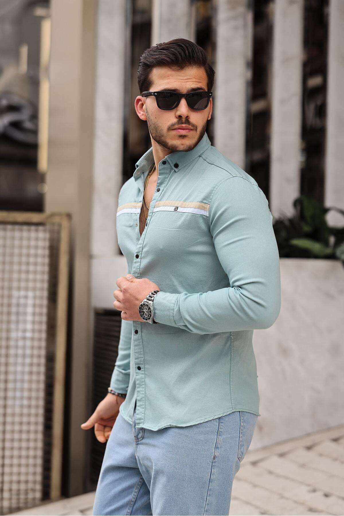 Slim Fit Ön Şerit Detaylı Çıtçıtlı Kot Gömlek