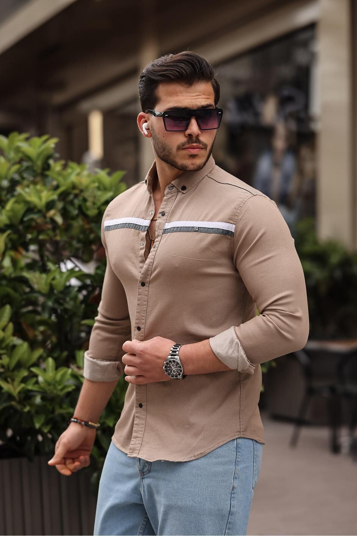 Slim Fit Ön Şerit Detaylı Çıtçıtlı Kot Gömlek