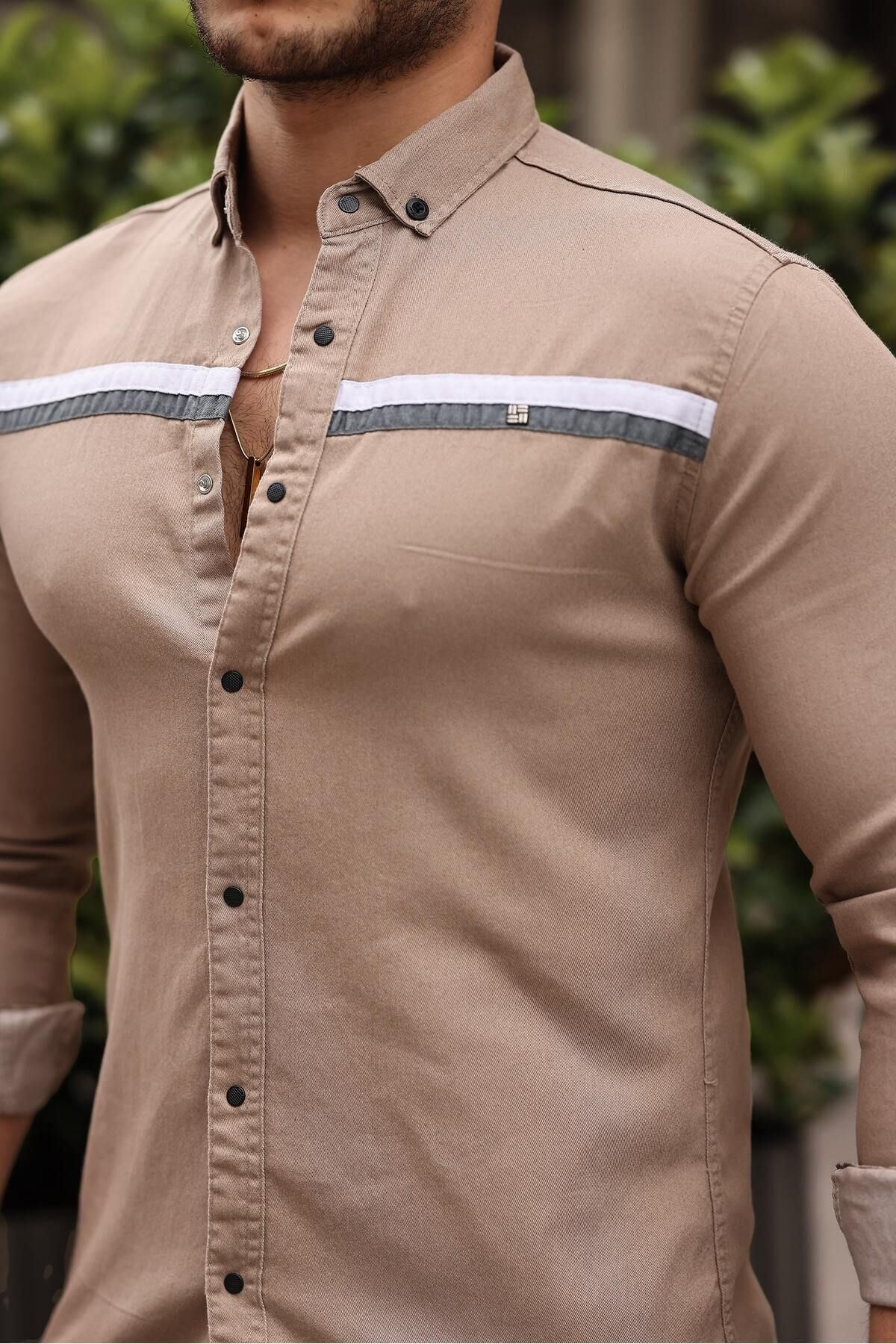 Slim Fit Ön Şerit Detaylı Çıtçıtlı Kot Gömlek