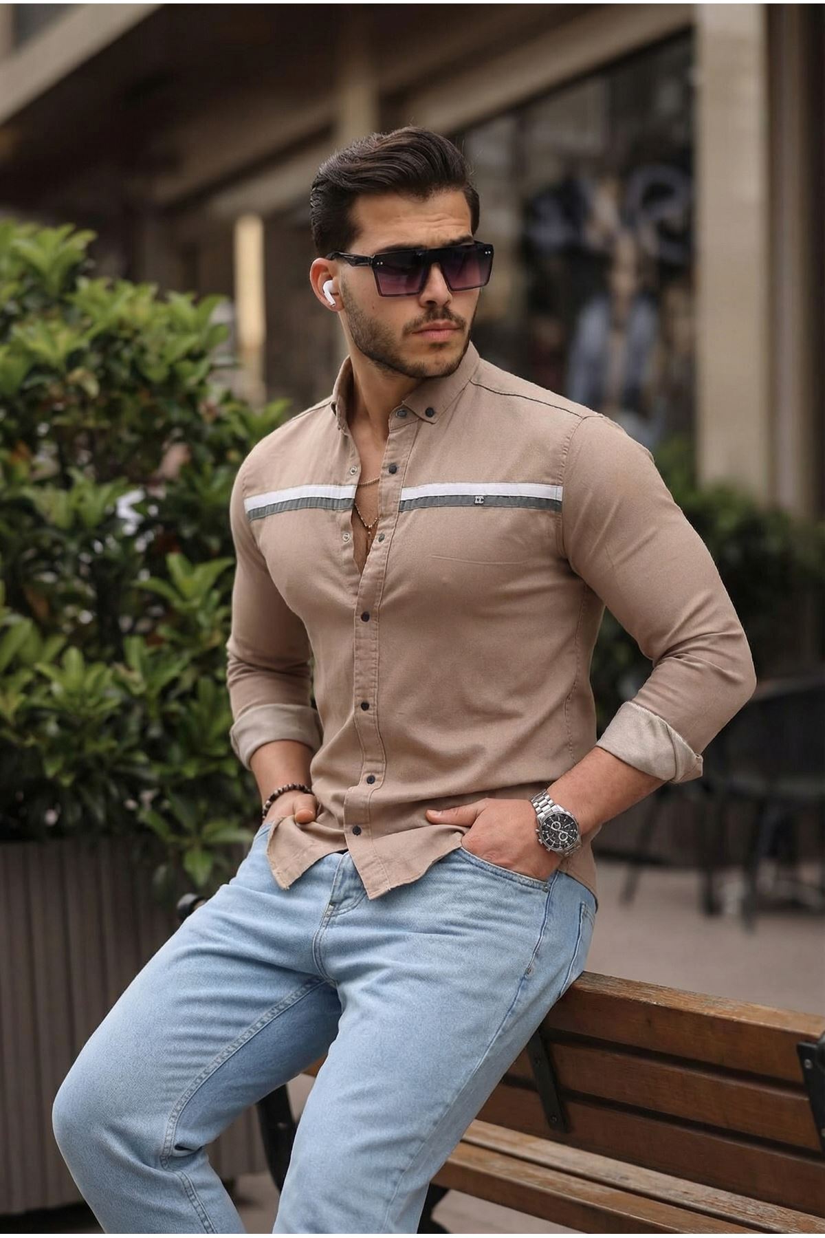 Slim Fit Ön Şerit Detaylı Çıtçıtlı Kot Gömlek