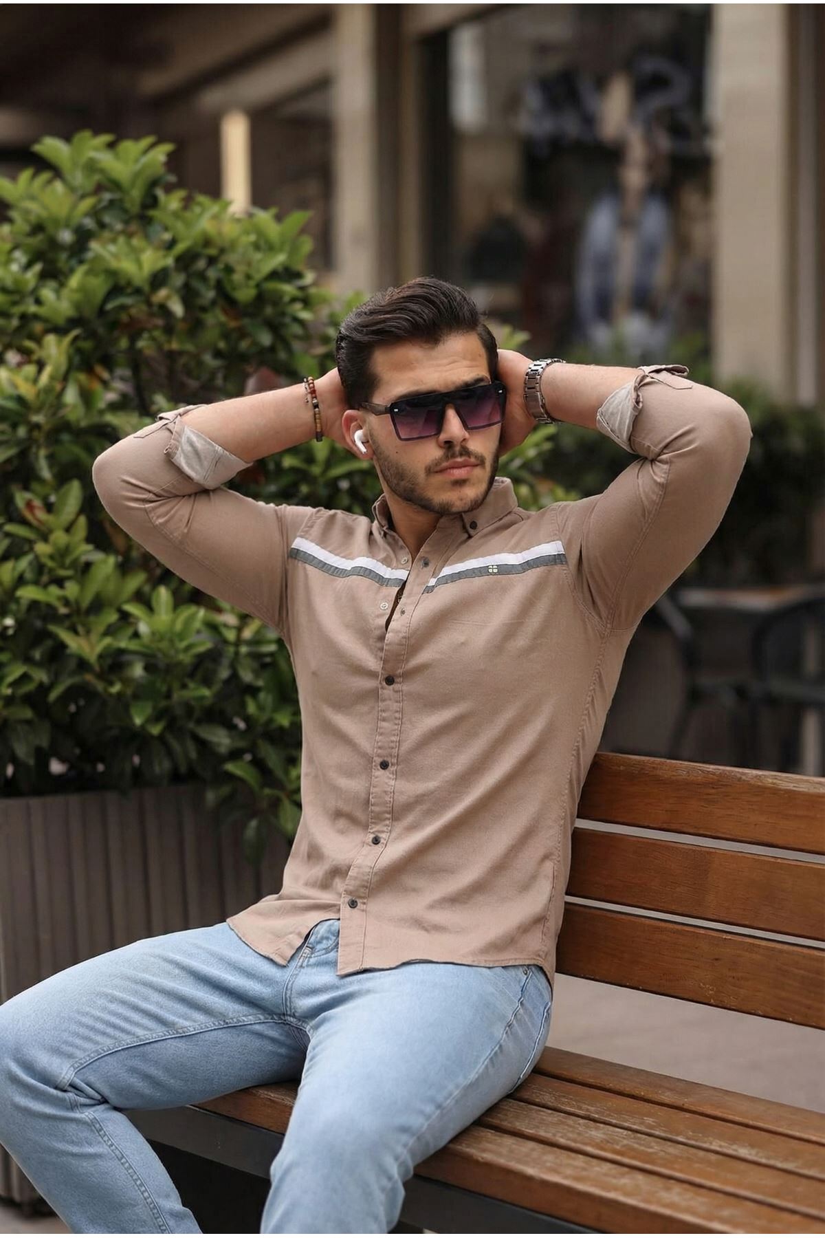 Slim Fit Ön Şerit Detaylı Çıtçıtlı Kot Gömlek