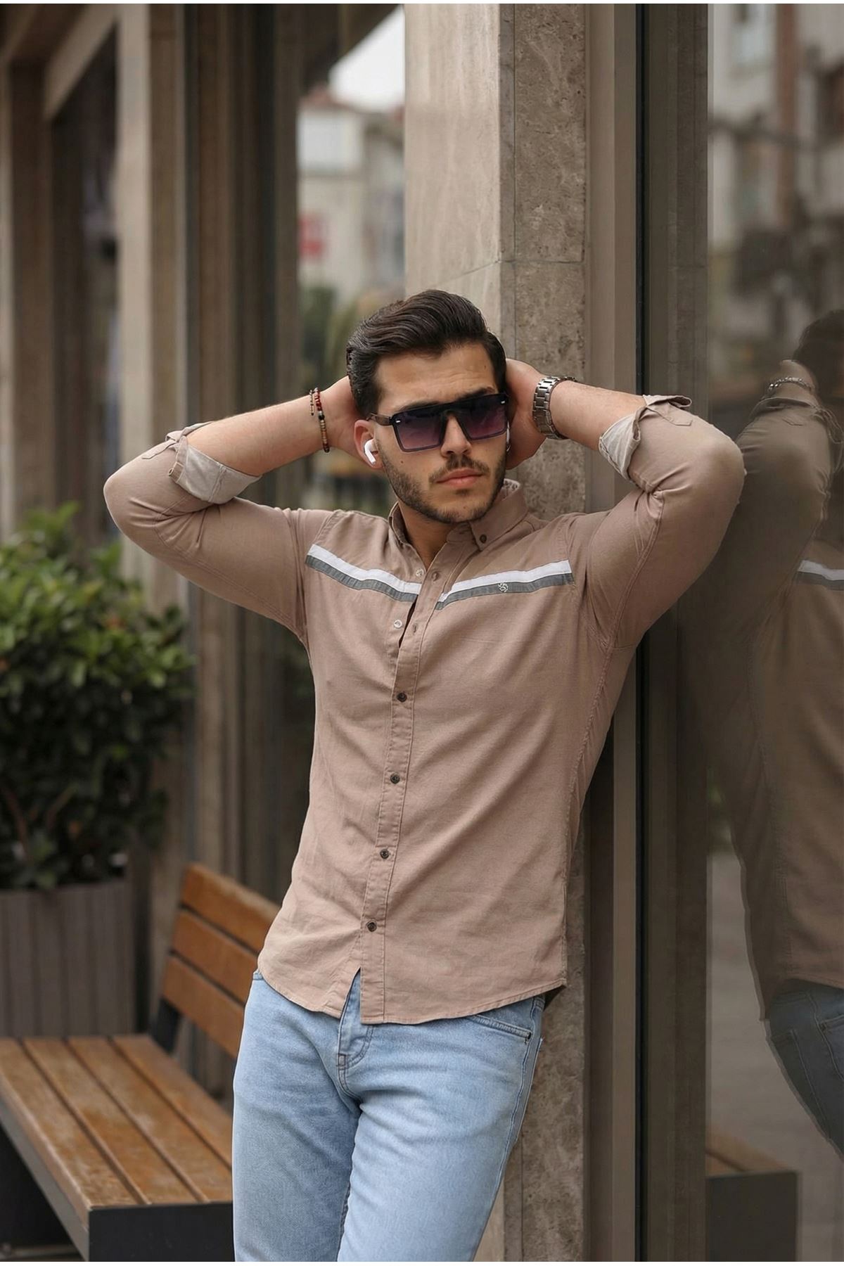 Slim Fit Ön Şerit Detaylı Çıtçıtlı Kot Gömlek