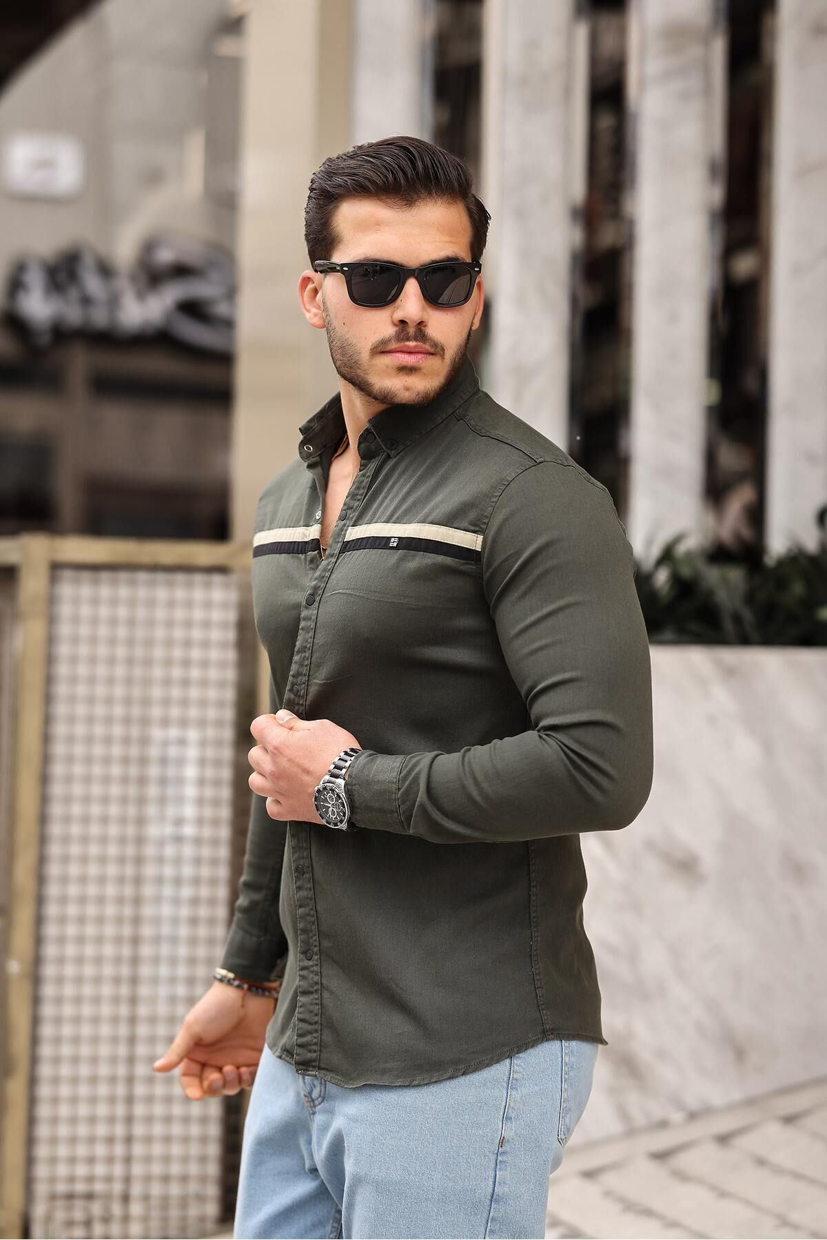 Slim Fit Ön Şerit Detaylı Çıtçıtlı Kot Gömlek