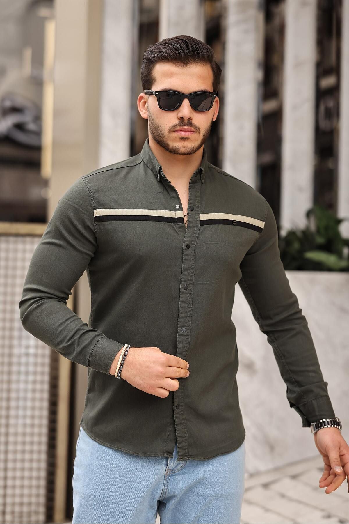 Slim Fit Ön Şerit Detaylı Çıtçıtlı Kot Gömlek