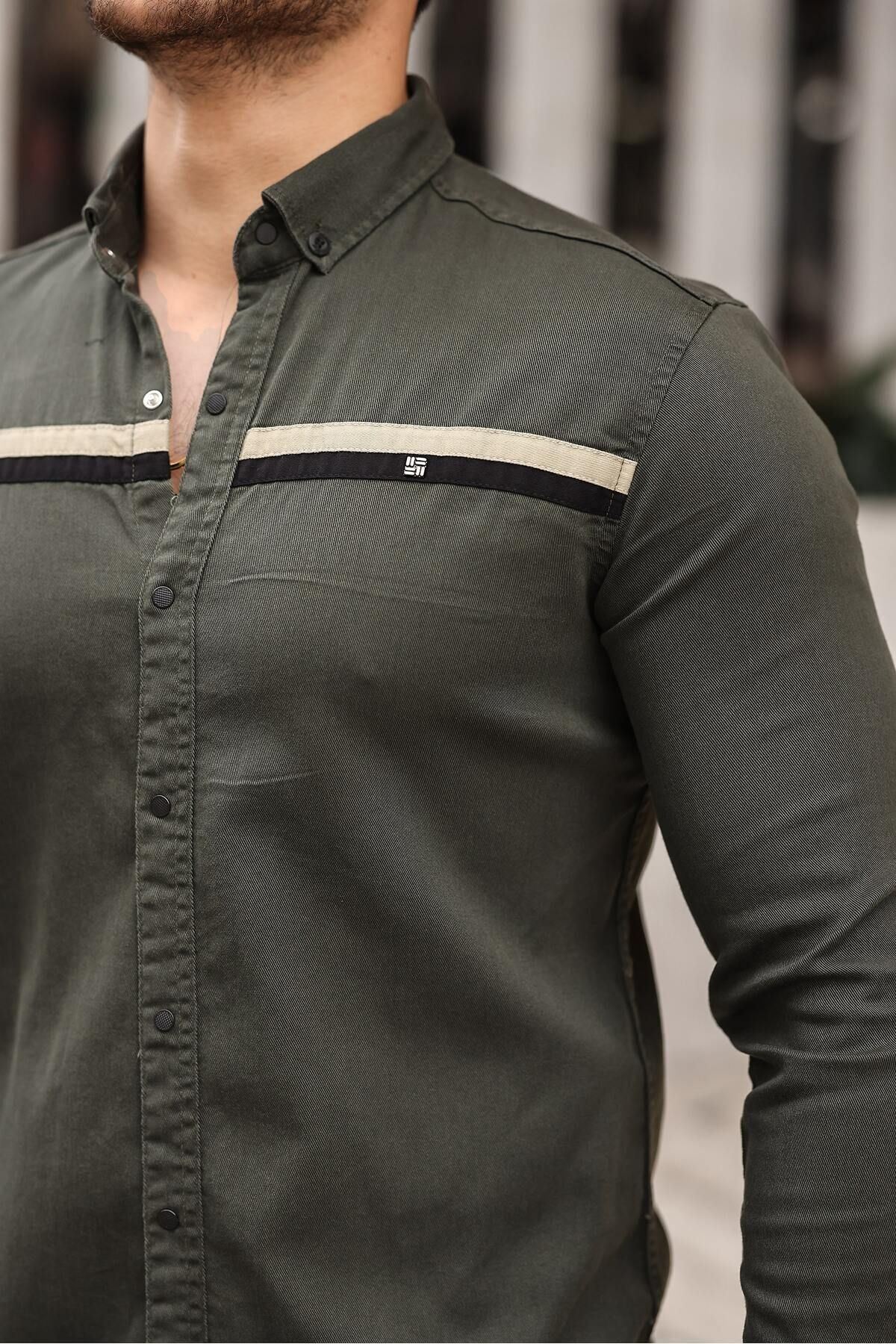 Slim Fit Ön Şerit Detaylı Çıtçıtlı Kot Gömlek