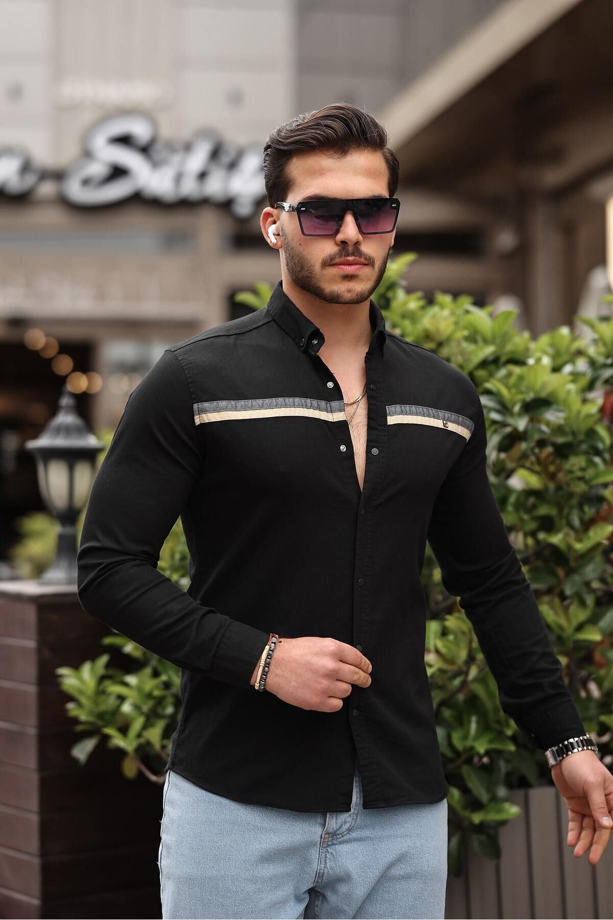 Slim Fit Ön Şerit Detaylı Çıtçıtlı Kot Gömlek