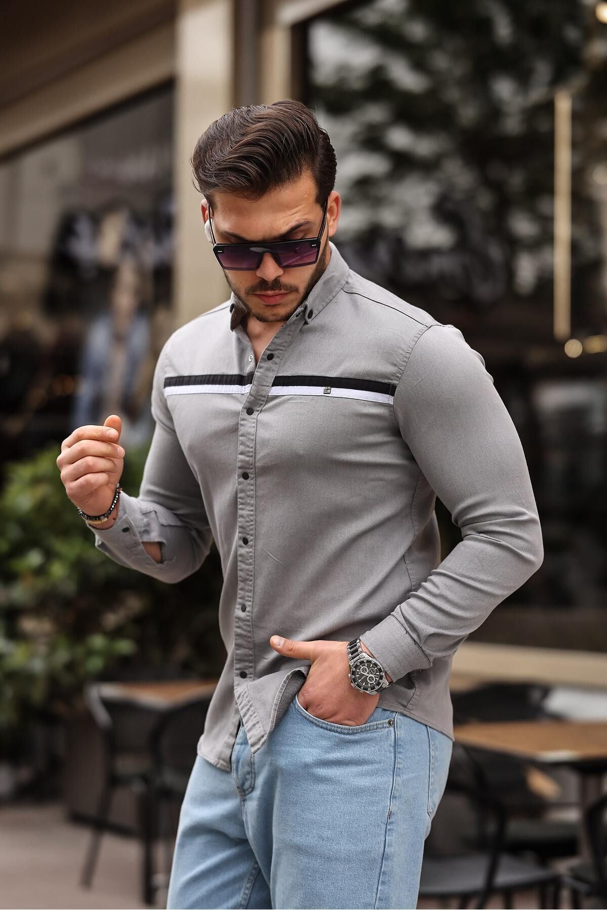 Slim Fit Ön Şerit Detaylı Çıtçıtlı Kot Gömlek