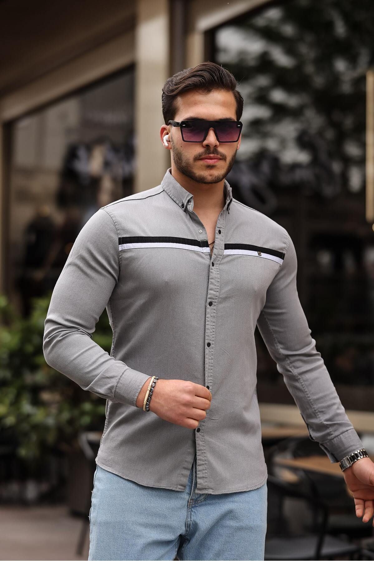 Slim Fit Ön Şerit Detaylı Çıtçıtlı Kot Gömlek