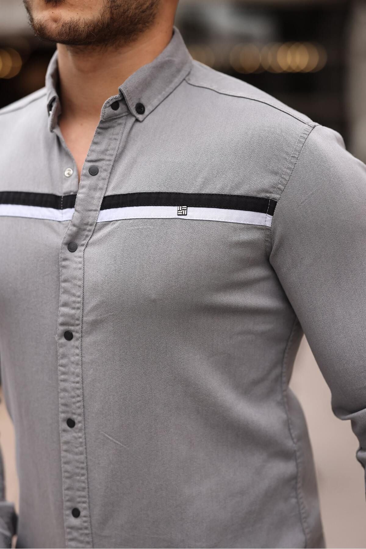 Slim Fit Ön Şerit Detaylı Çıtçıtlı Kot Gömlek