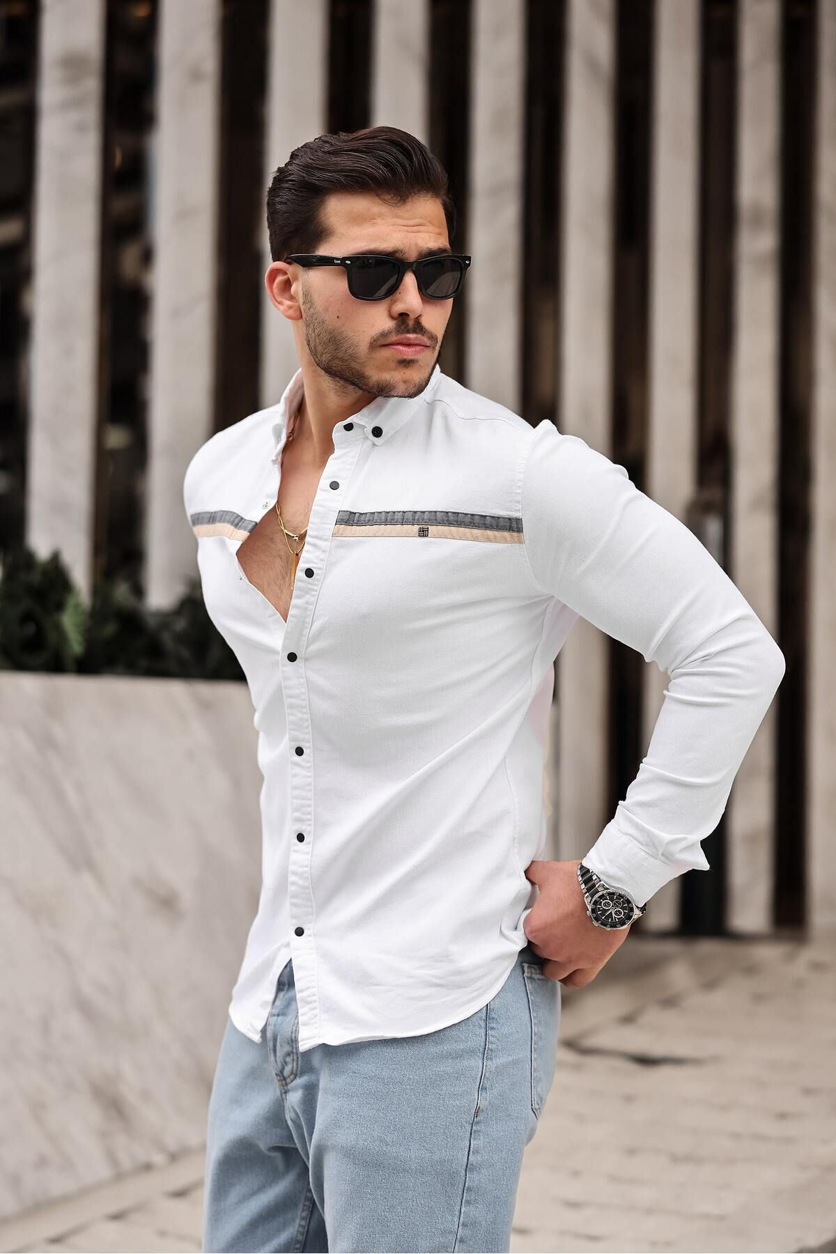 Slim Fit Ön Şerit Detaylı Çıtçıtlı Kot Gömlek