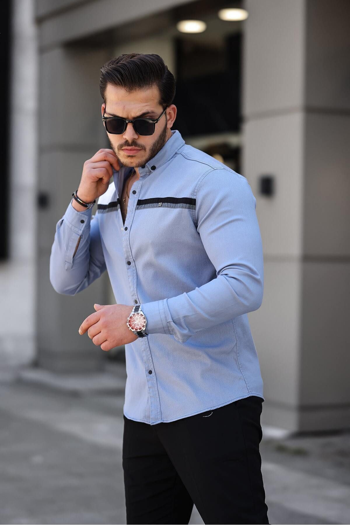 Slim Fit Ön Şerit Detaylı Çıtçıtlı Kot Gömlek