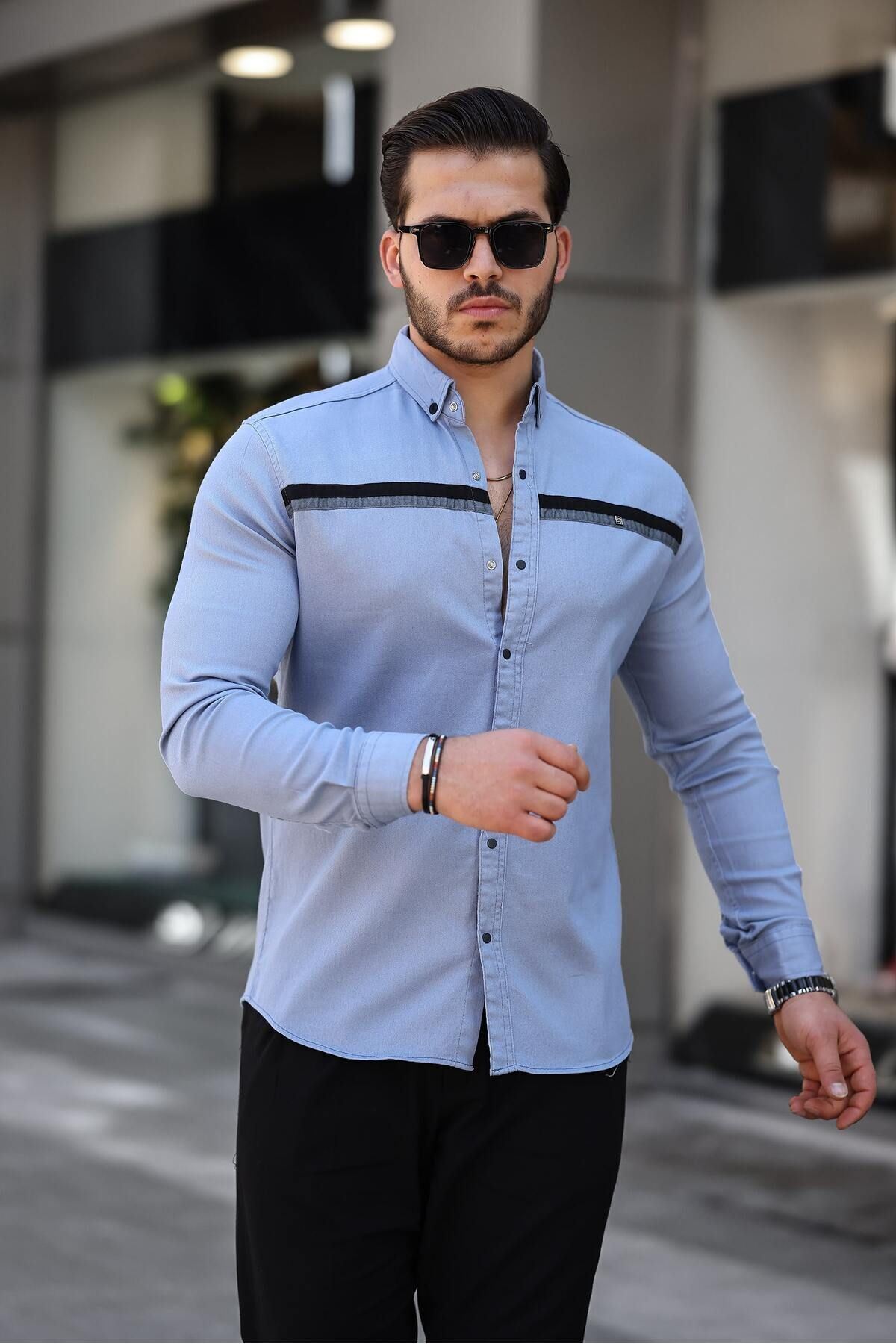 Slim Fit Ön Şerit Detaylı Çıtçıtlı Kot Gömlek