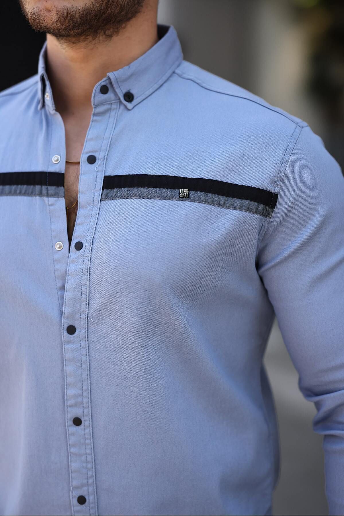 Slim Fit Ön Şerit Detaylı Çıtçıtlı Kot Gömlek