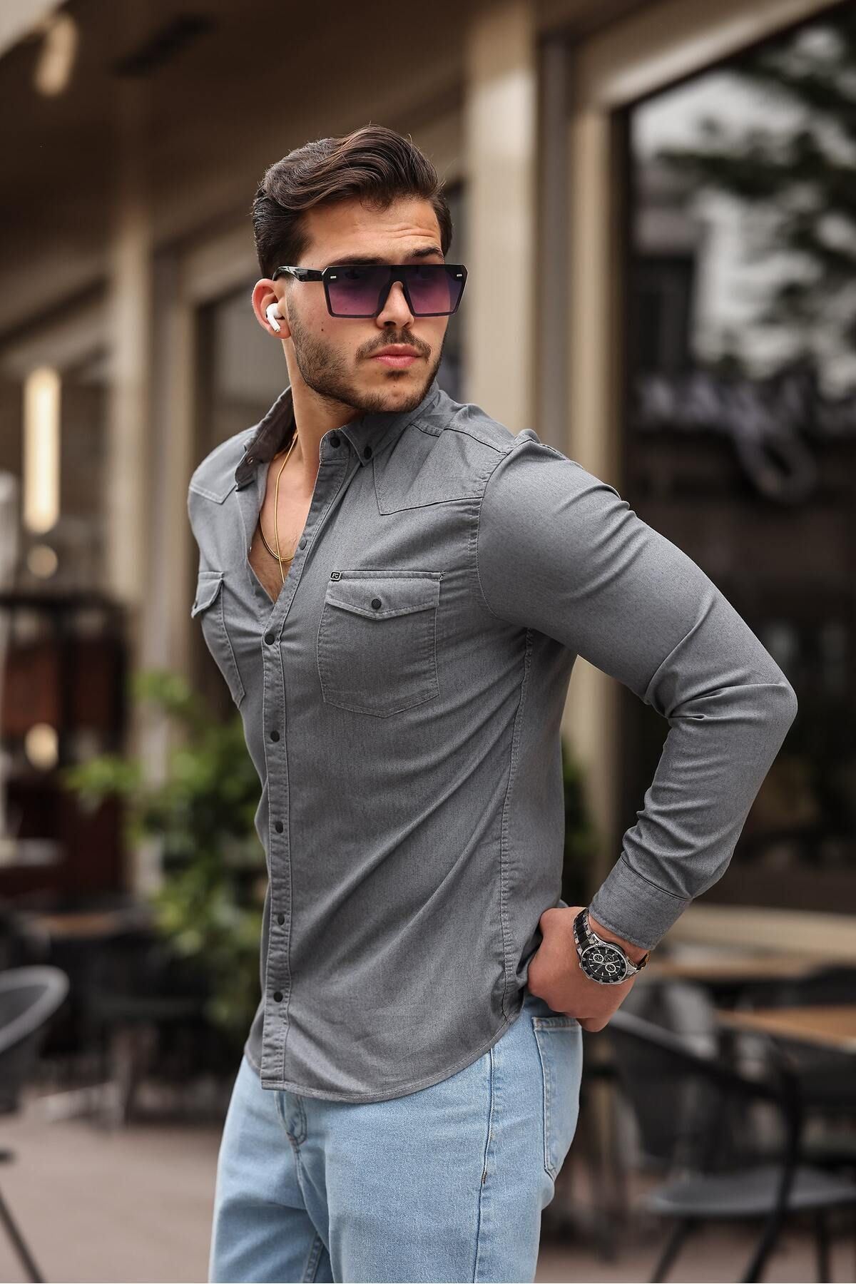 Slim Fit Çıtçıtlı Çift Cep Kot Gömlek