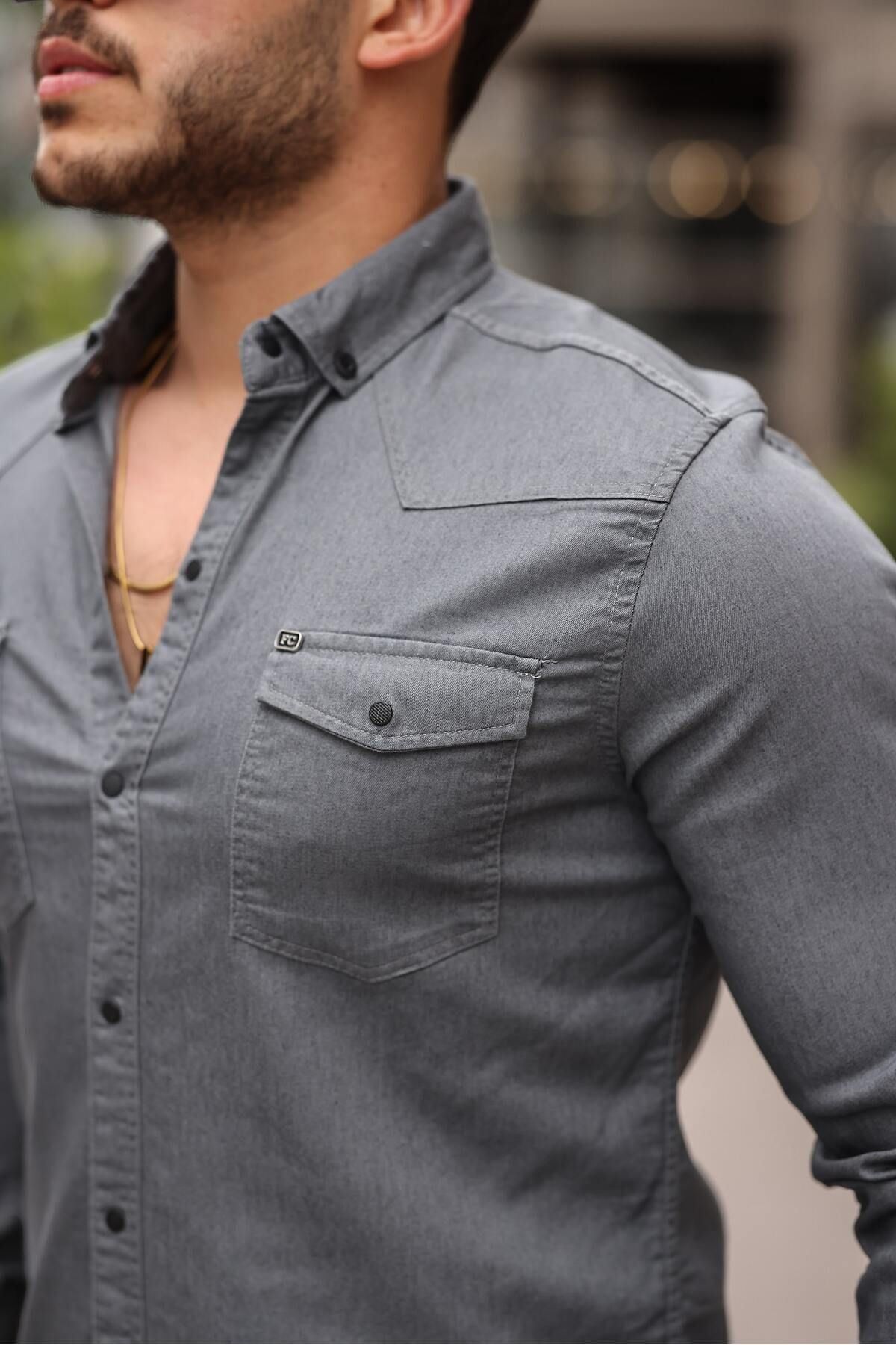 Slim Fit Çıtçıtlı Çift Cep Kot Gömlek