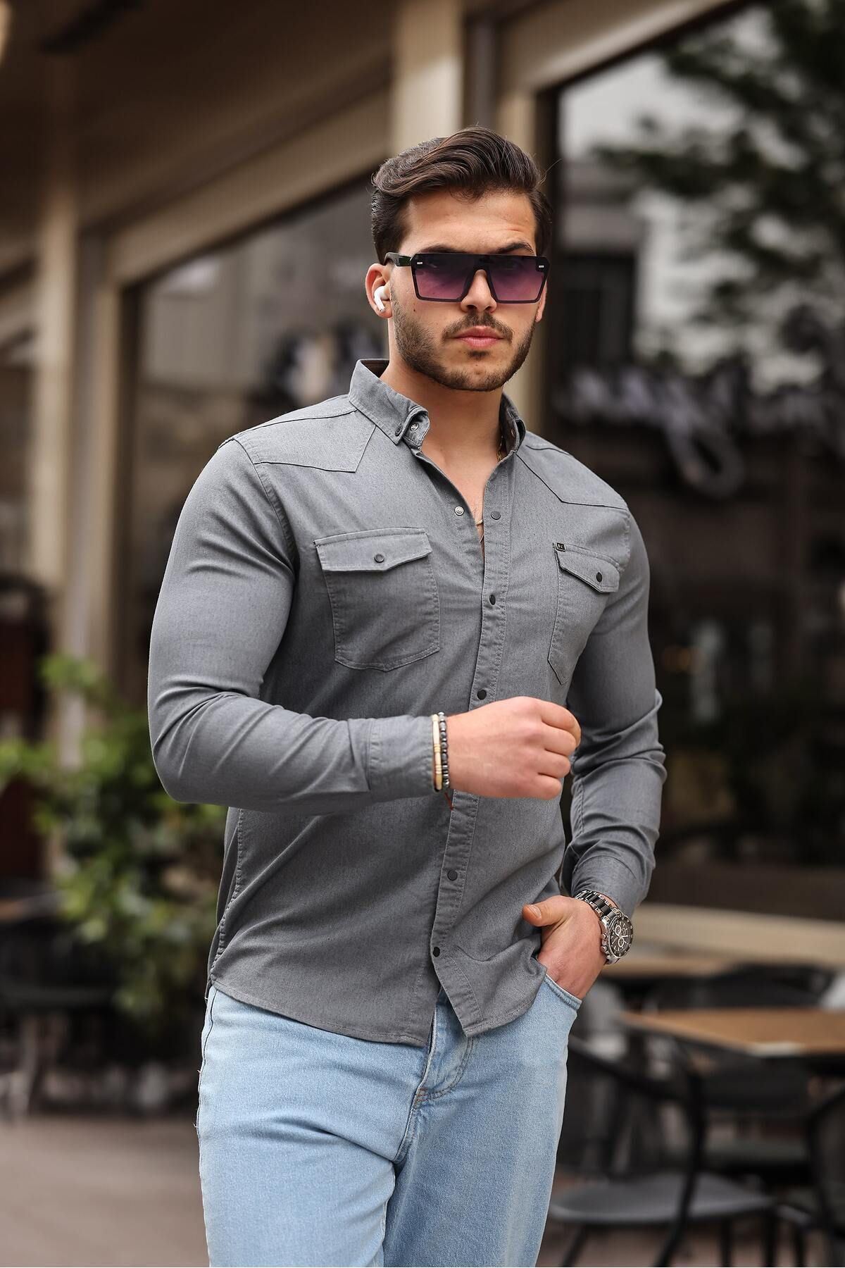 Slim Fit Çıtçıtlı Çift Cep Kot Gömlek