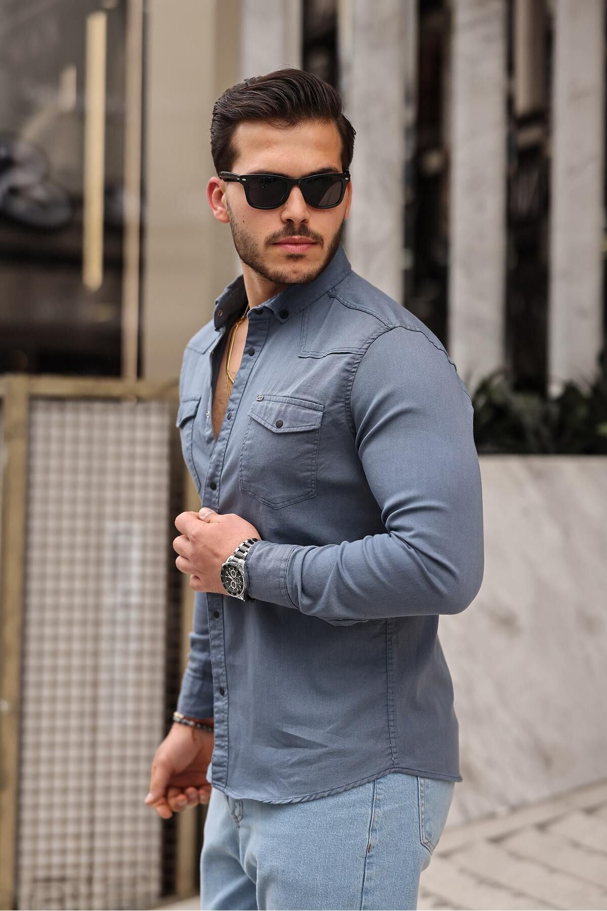 Slim Fit Çıtçıtlı Çift Cep Kot Gömlek