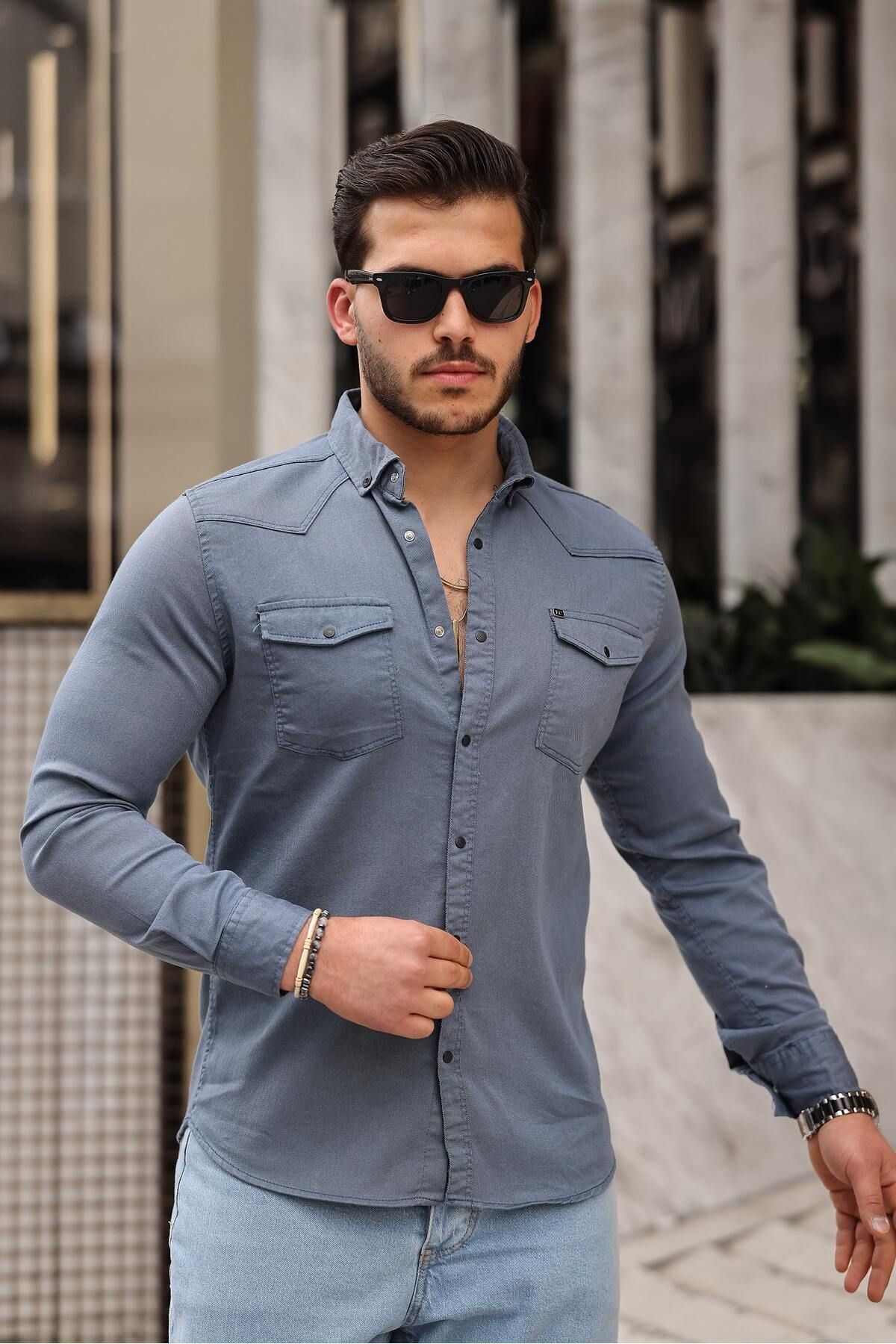 Slim Fit Çıtçıtlı Çift Cep Kot Gömlek