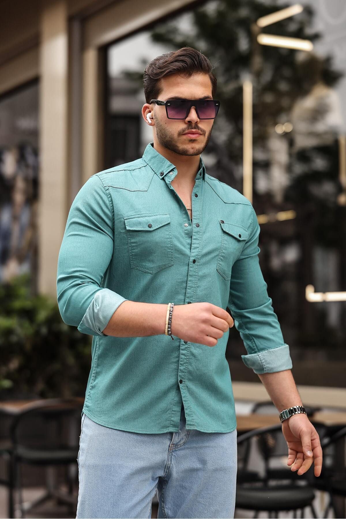 Slim Fit Çıtçıtlı Çift Cep Kot Gömlek