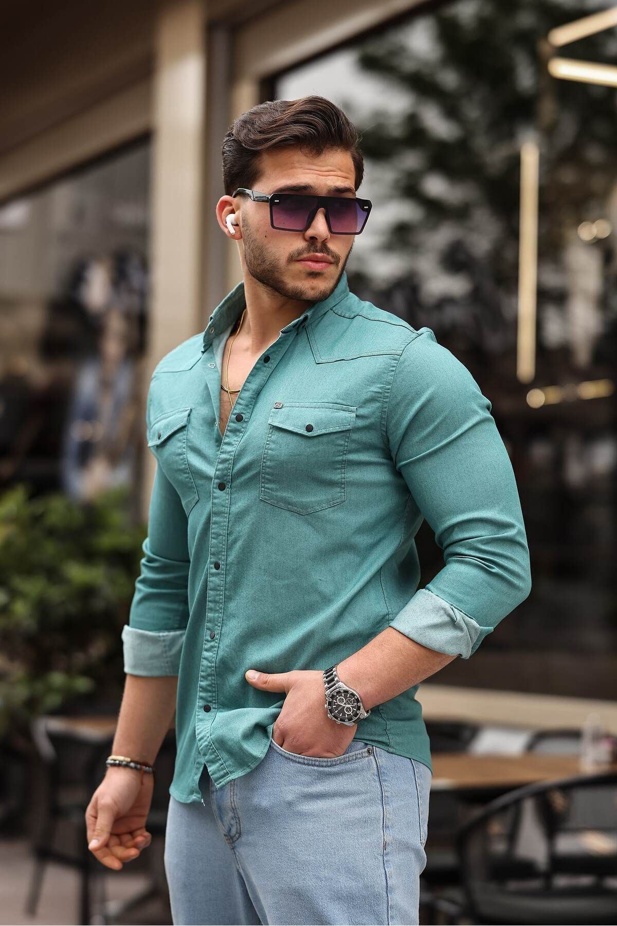 Slim Fit Çıtçıtlı Çift Cep Kot Gömlek