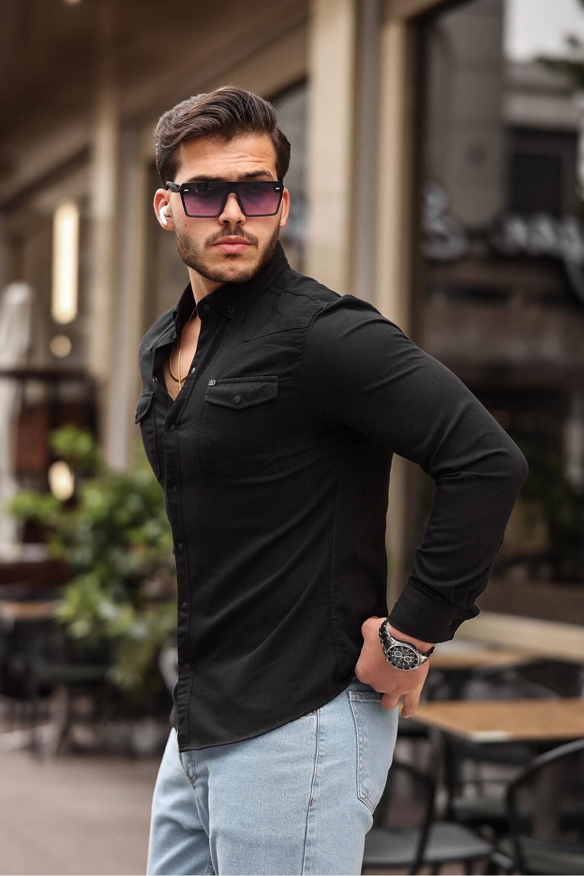 Slim Fit Çıtçıtlı Çift Cep Kot Gömlek