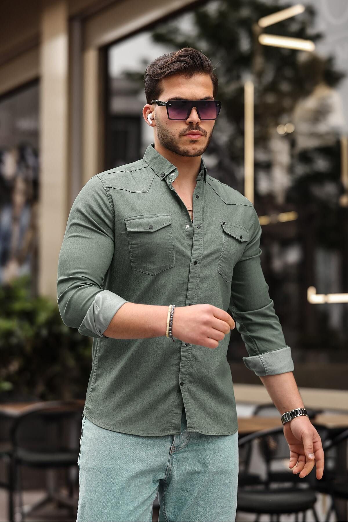 Slim Fit Çıtçıtlı Çift Cep Kot Gömlek