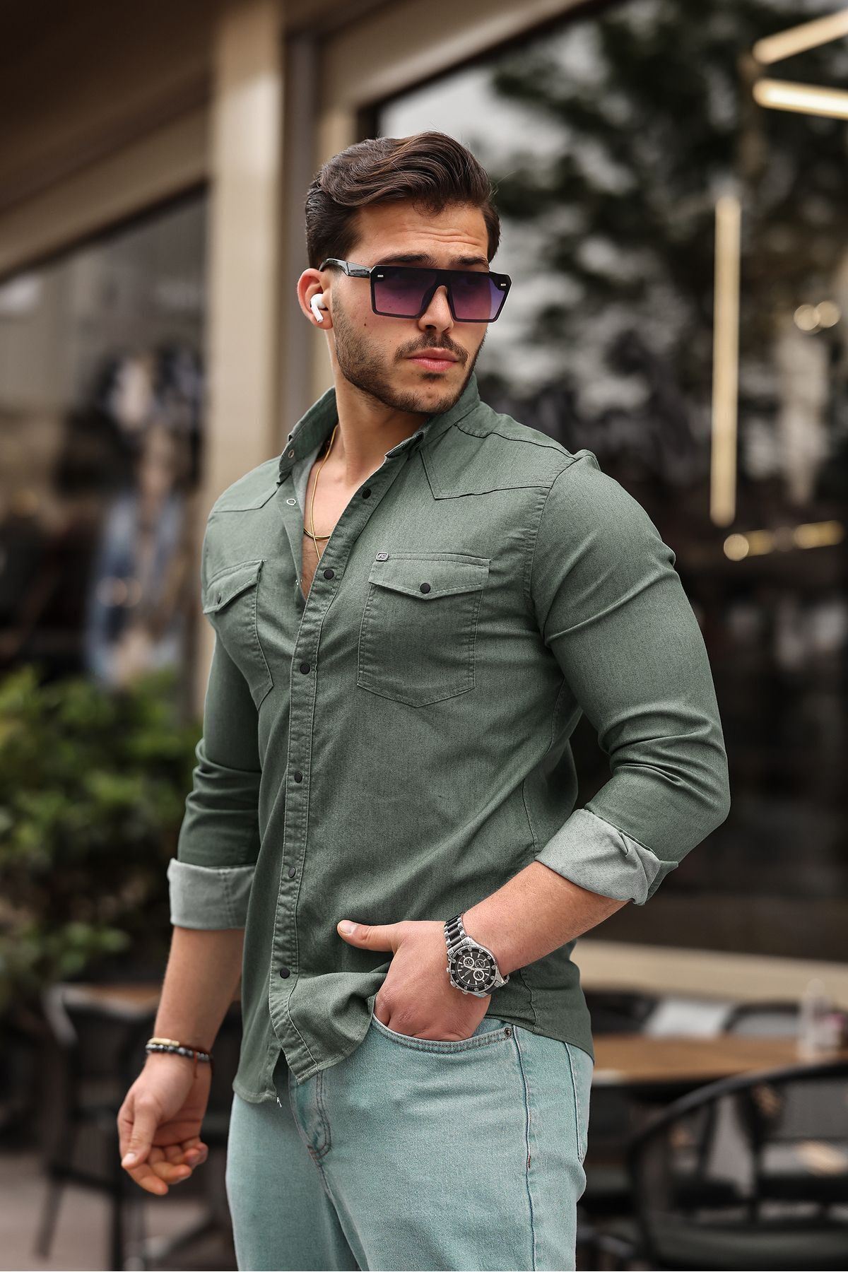 Slim Fit Çıtçıtlı Çift Cep Kot Gömlek