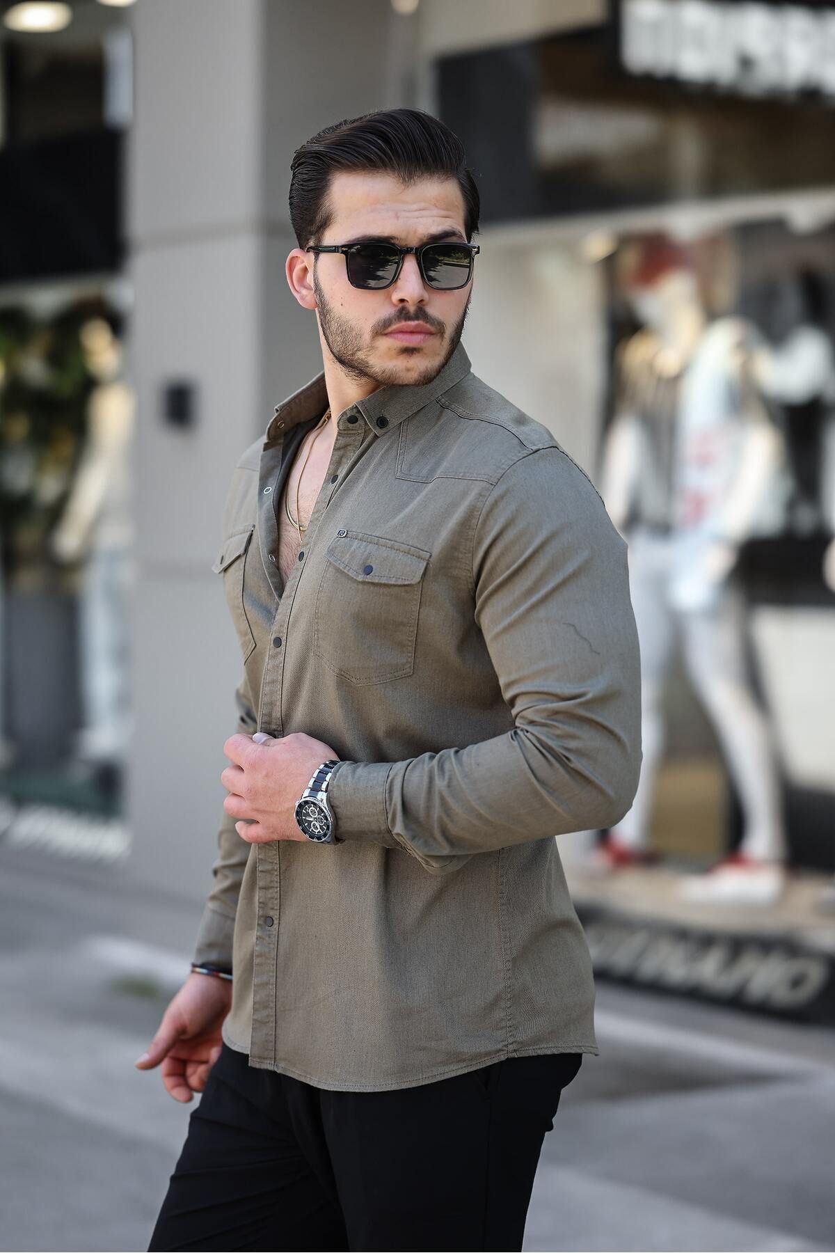 Slim Fit Çıtçıtlı Çift Cep Kot Gömlek