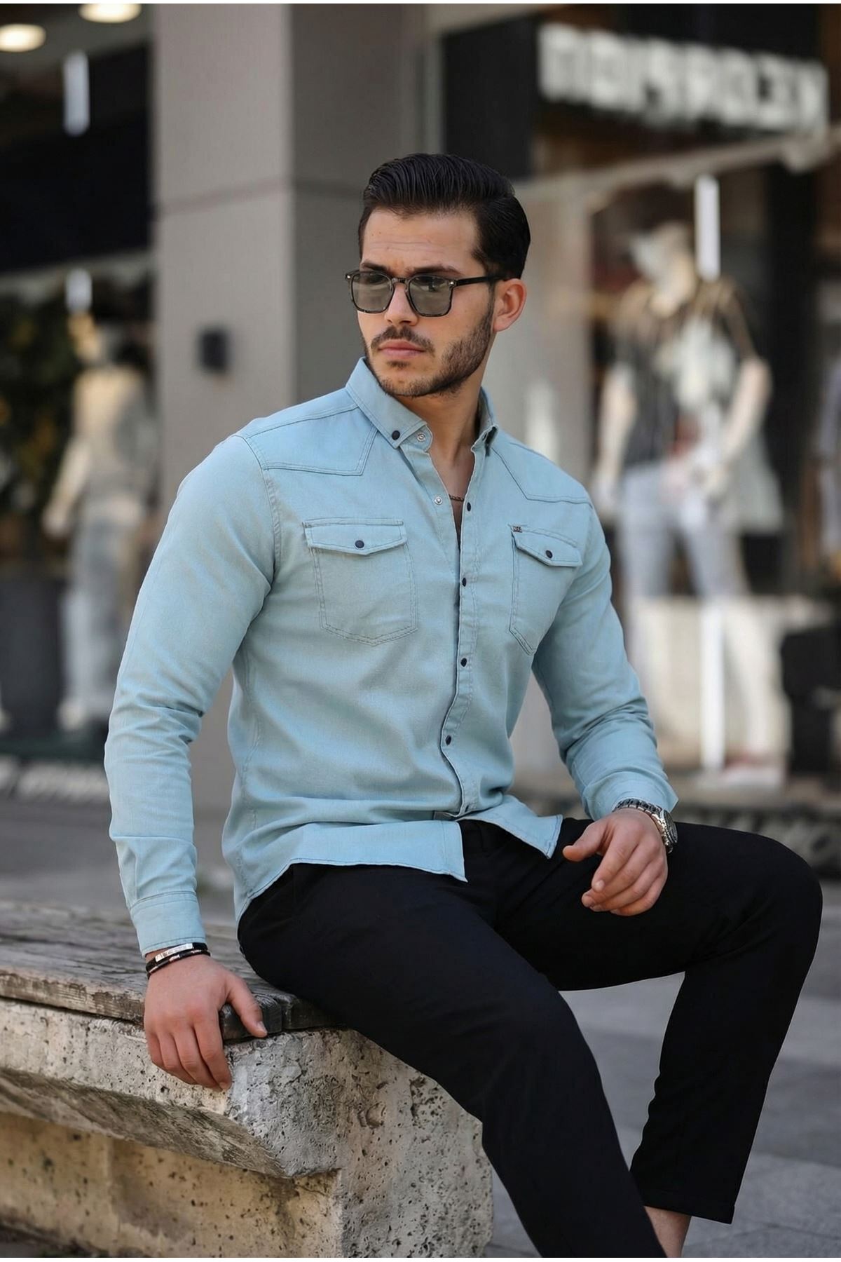 Slim Fit Çıtçıtlı Çift Cep Kot Gömlek