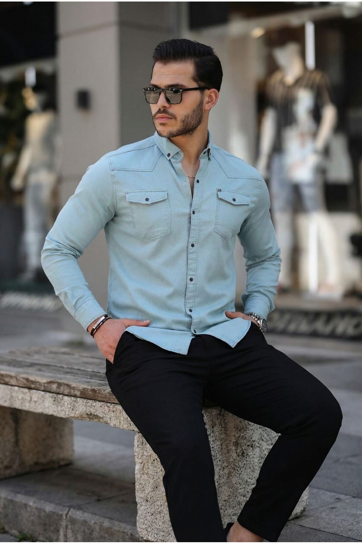 Slim Fit Çıtçıtlı Çift Cep Kot Gömlek