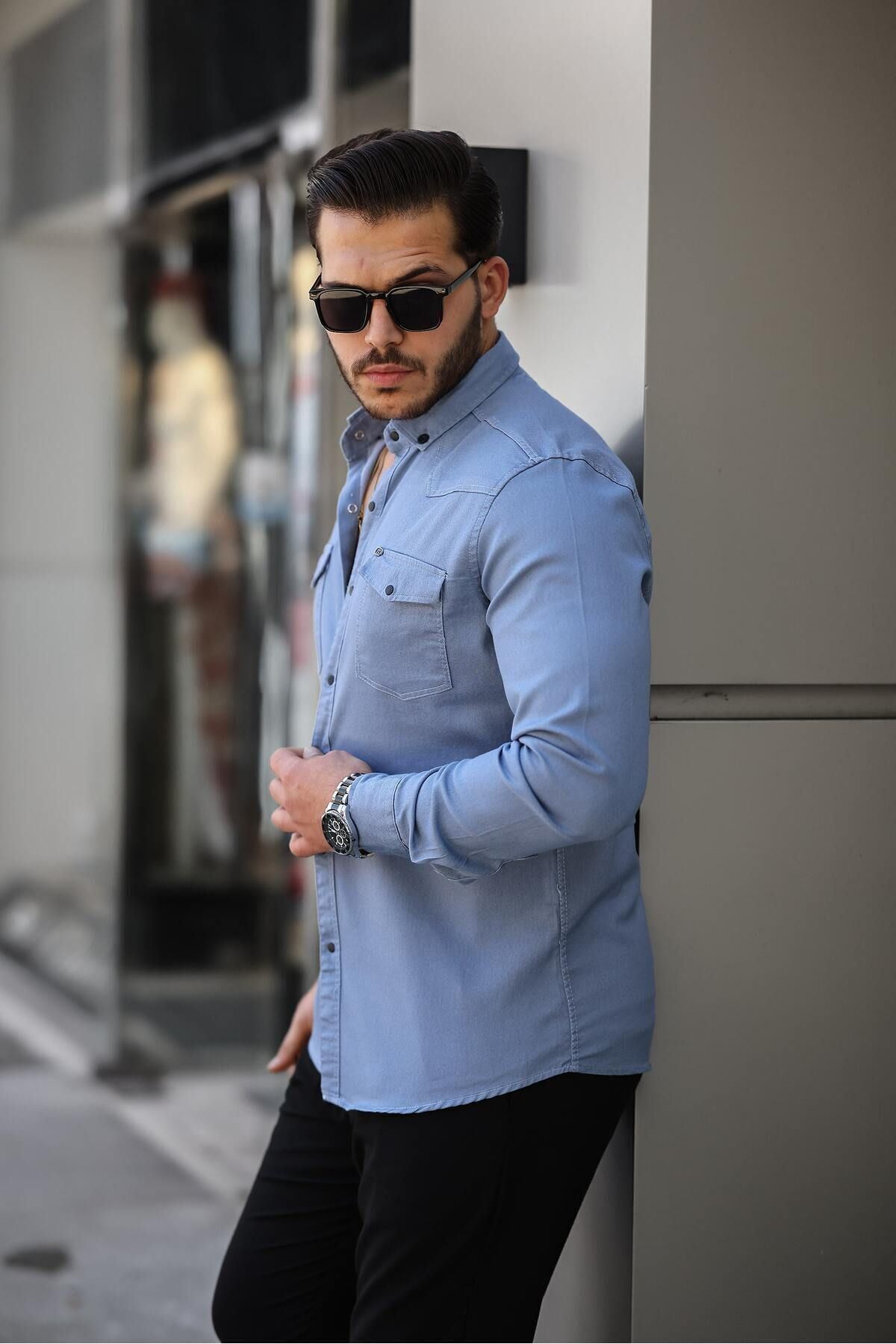 Slim Fit Çıtçıtlı Çift Cep Kot Gömlek