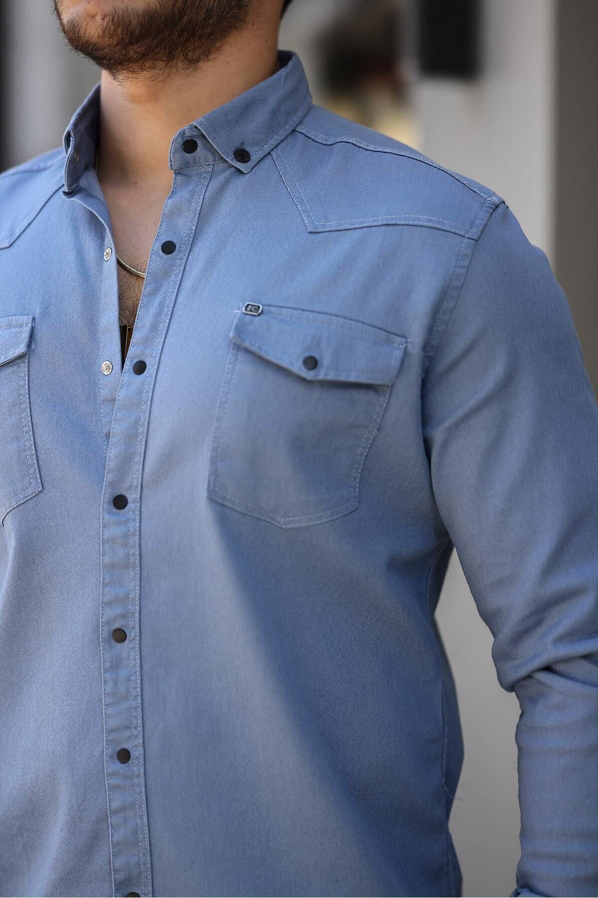 Slim Fit Çıtçıtlı Çift Cep Kot Gömlek