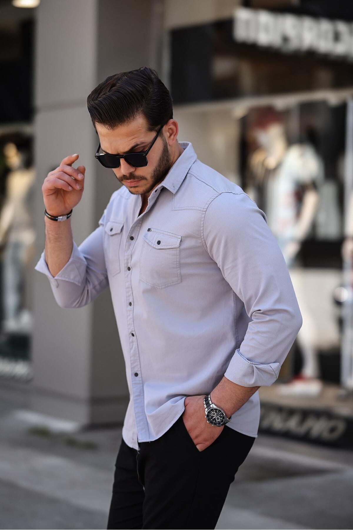 Slim Fit Çıtçıtlı Çift Cep Kot Gömlek