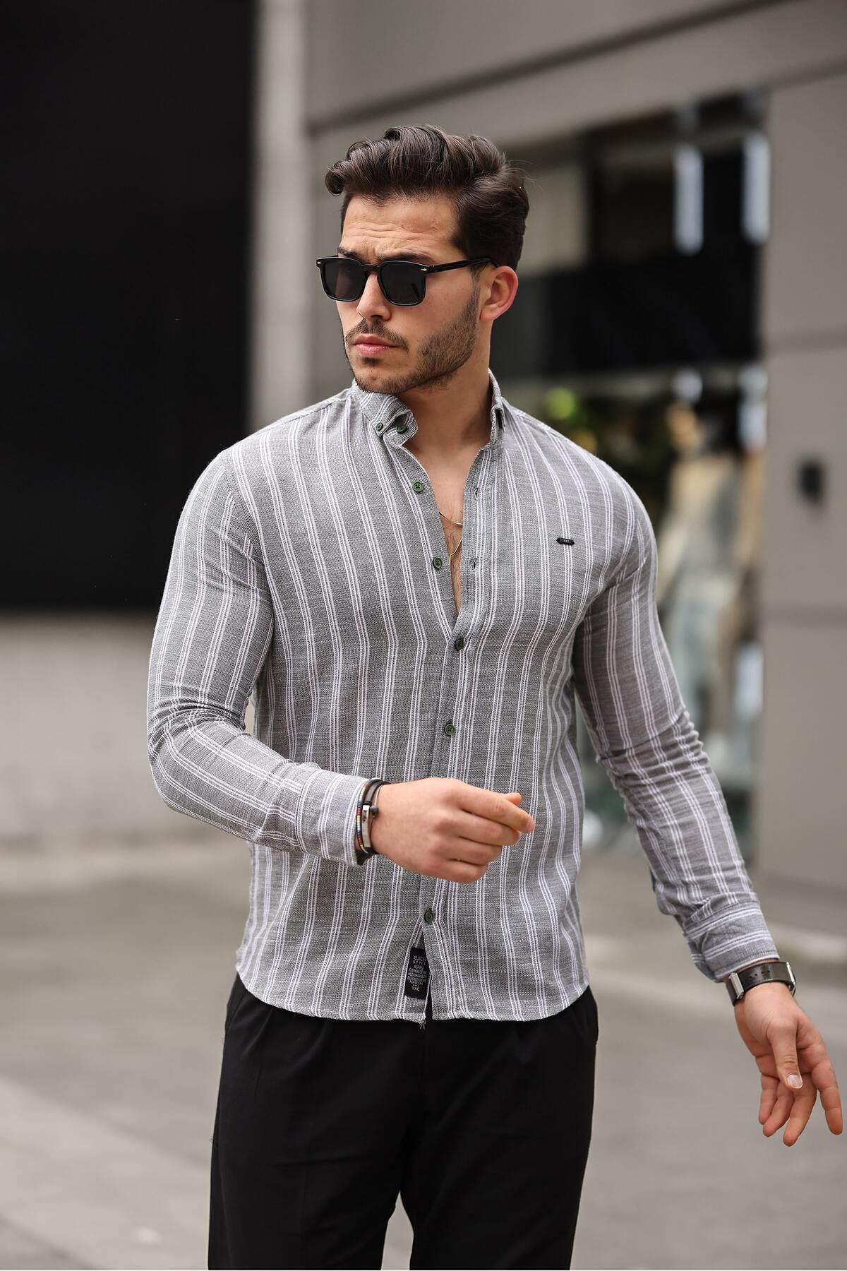 Erkek Keten Kumaş Uzun Kollu Gömlek