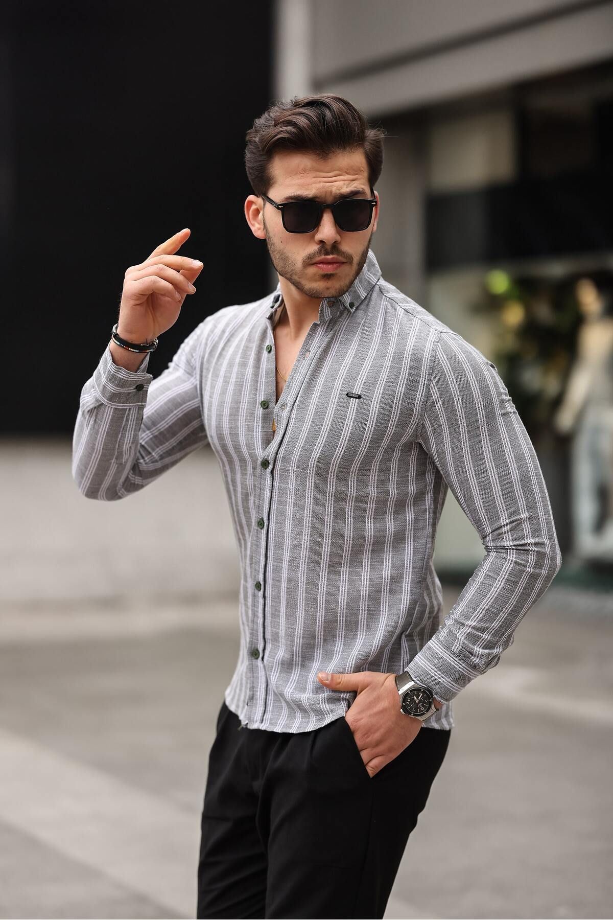 Erkek Keten Kumaş Uzun Kollu Gömlek