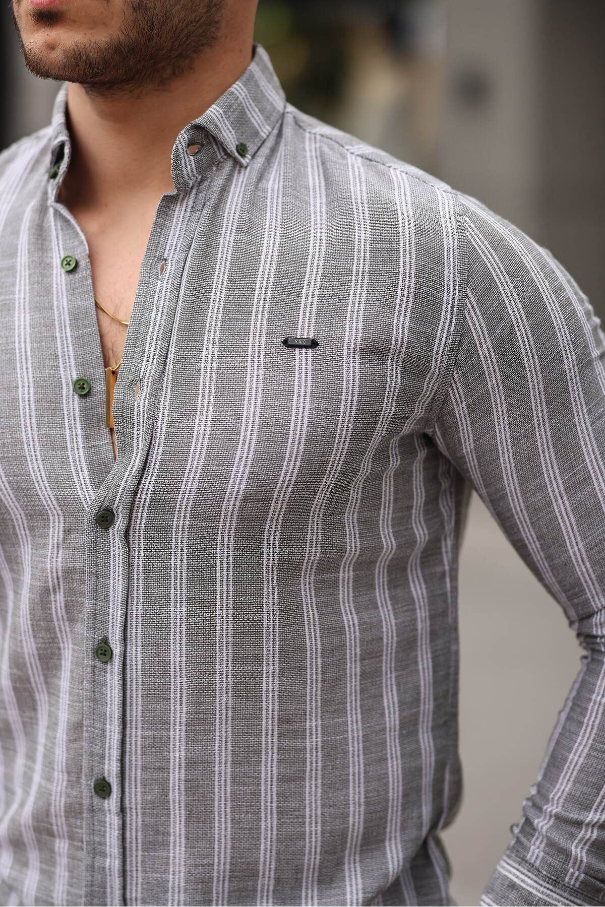 Erkek Keten Kumaş Uzun Kollu Gömlek